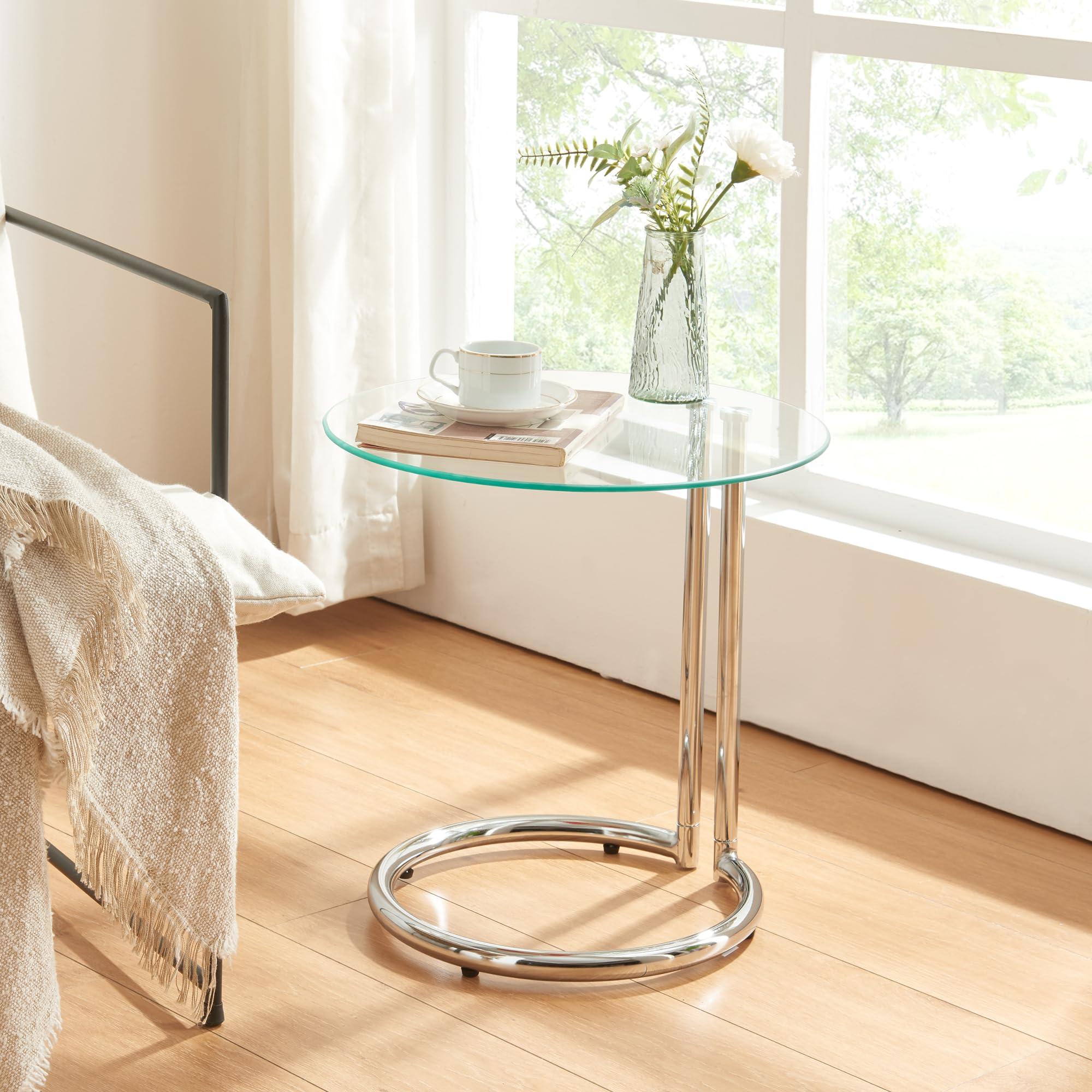 [en.casa] Mesa Auxiliar Ylivieska en Forma de C Mesa de Centro Redonda Mesita de Salón Uso Versátil Tablero de Vidrio Templado Metal 46 x Ø 45 cm - Transparente/Color Cromo