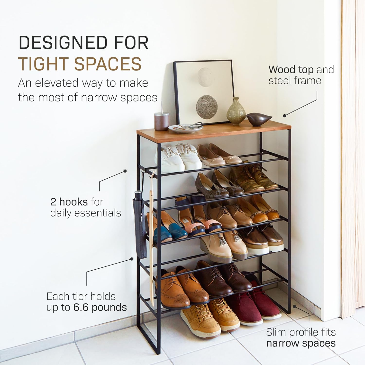 YAMAZAKI Home Six-Tier Shoe Organizer – Tall Slim Shoe Rack for Entryway Or Closet, Narrow Metal Shoe Storage with Wooden Top, Steel, Black, Easy Assembly, 34" - Steel - Holds 18 to 21 Shoes
