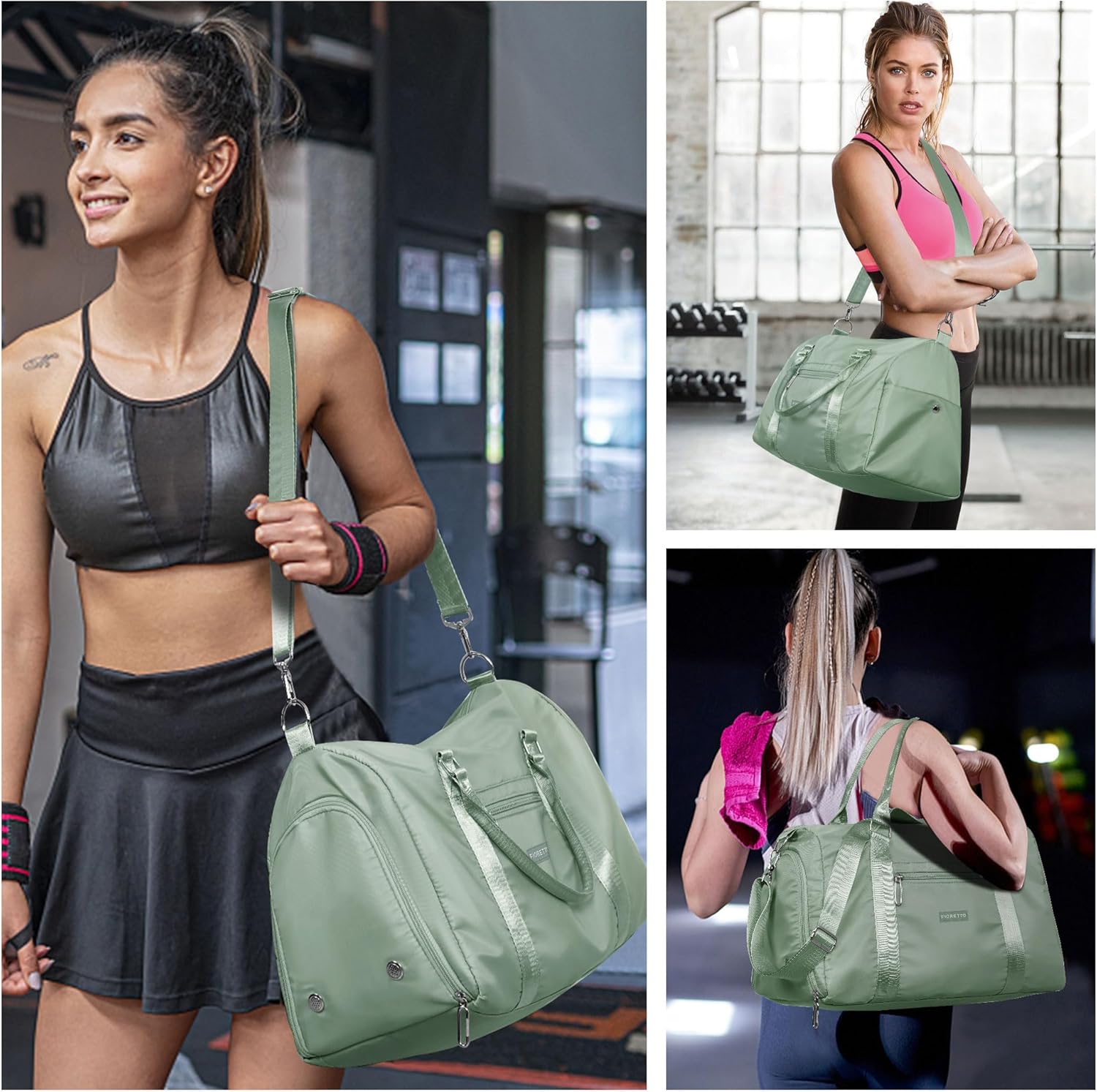 FIORETTO Womens Gym Tote Duffle Bag with Wet Pocket & Shoe Compartment, Sports Duffel Overnight Weekender Hospital Workout Carry on Bag for Girls, Ideal for Travel, Swimming, Dance, Ballet Celadon - Image 6