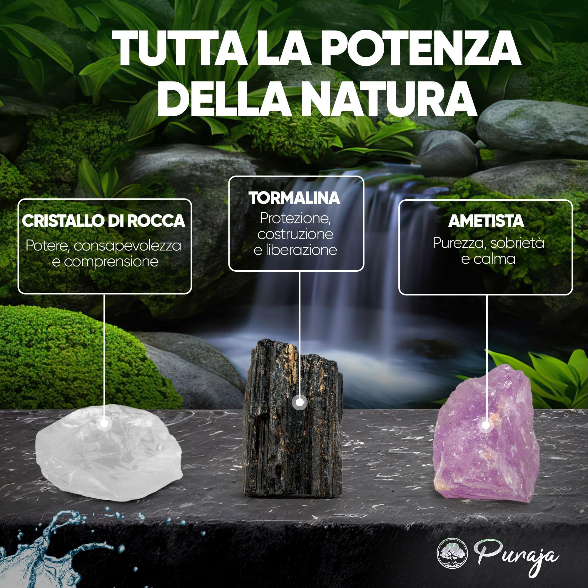 Miscela di pietre d'acqua Protezione e Liberazione | Set di pietre curative di qualità superiore, realizzato con gemme autentiche: Cristallo di rocca, Tormalina, Ametista