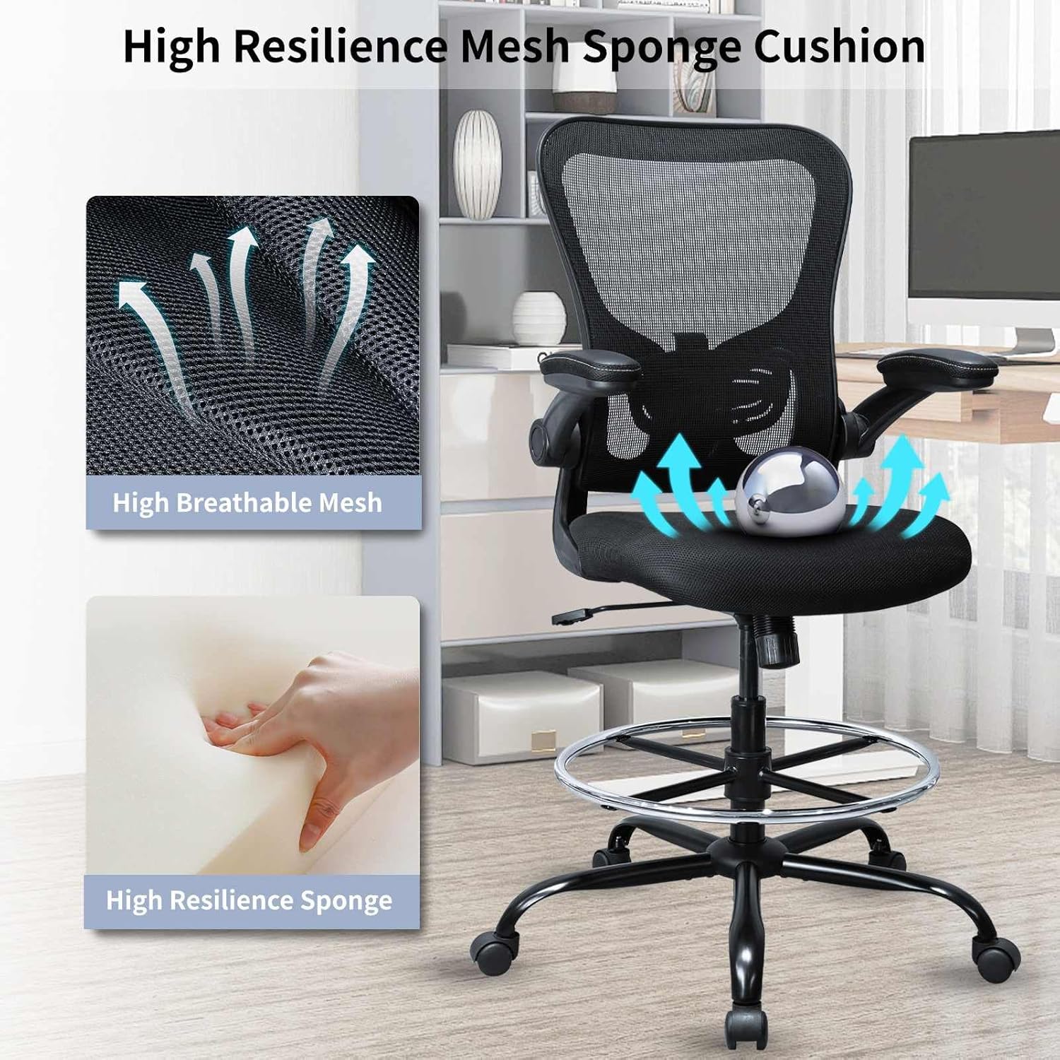 Drafting Chair, Ergonomic Tall Office Chair for Standing Desk, Counter Height Desk Chair with Adjustable Padded Armrests and Footrest Ring Standing Desk Chair Adjustable Height with Lumbar Support