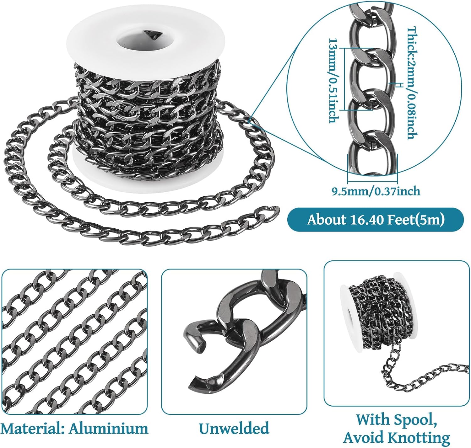 Beadthovne 16.4ft Aluminum Curb Chains for Jewelry Making 9.5mm Wide Black Twisted Oval Links Cross Cable Chains DIY Metal Chain Necklace Chain Unwelded with Spool for DIY Crafts Necklace Supplies - Image 2