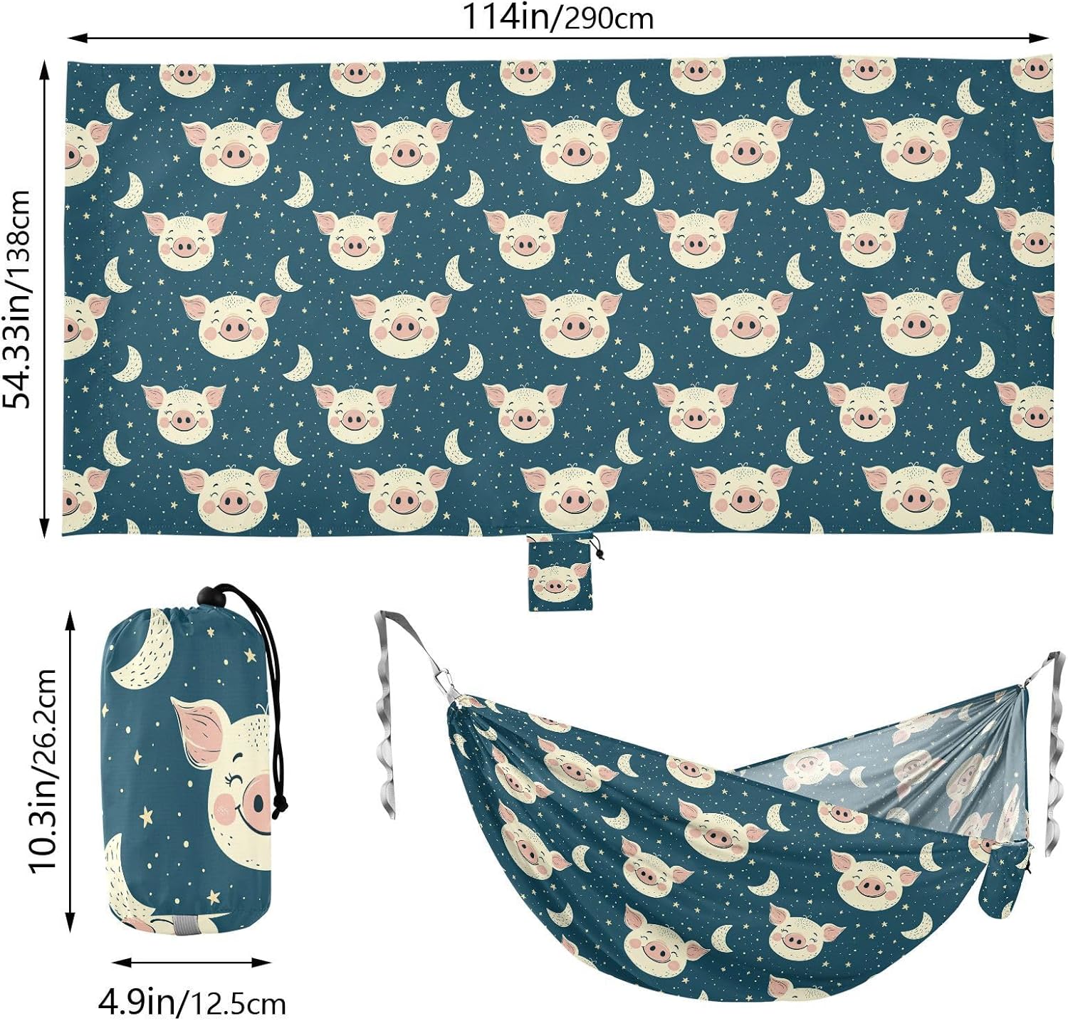 Cute Moon Pig Faces Hammocks with Tree Straps Hanging Rope Hammock for Outside Patio Backyard Poolside