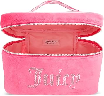 Juicy Couture Pink Silver Makeup Bag Cosmetics Organizer Travel Essentials Train Case Velour Rhinestones