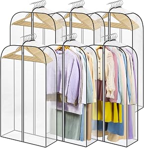 6 Pack Clear Garment Bags for Hanging Clothes with Zippers on Double Sides - 10'' Clothes Storage for Coat, Dress, and Fur in Closet - 40'' Long Suit Bags