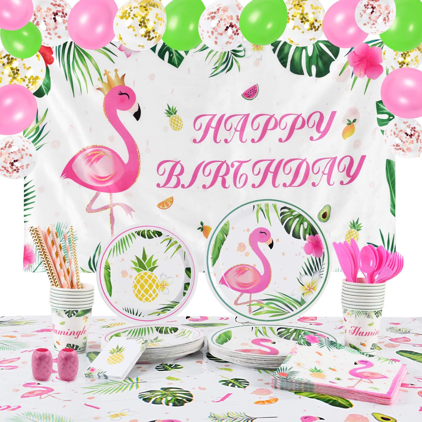 WERNNSAI Flamingo Birthday Party Supplies - Tropical Luau Theme Party Decoration for Girls HAPPY BIRTHDAY Backdrop Tablecloth Utensils Plates Cups Napkins Tableware Set Serves 16 Guests