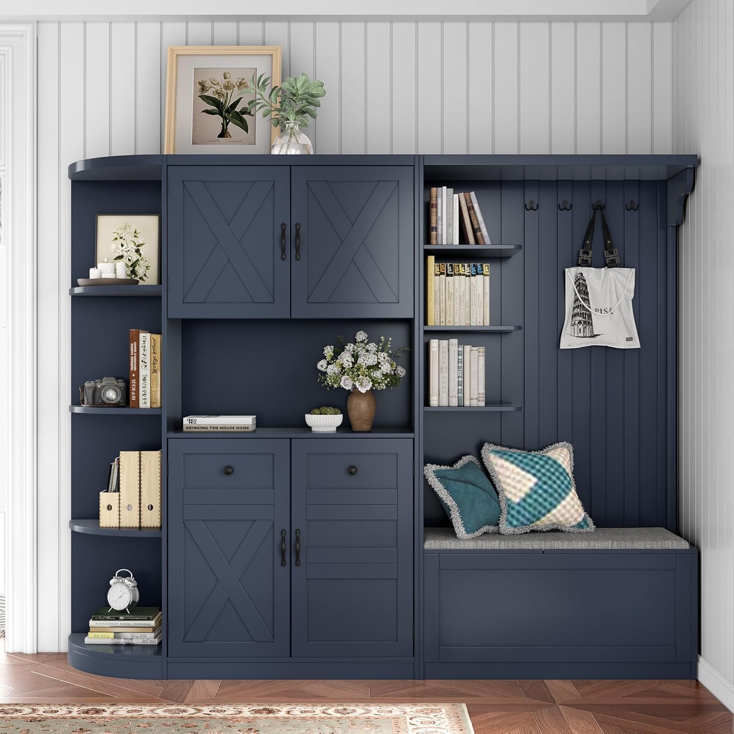 SOFTSEA Extra Large Hall Tree with Bench, Left-right Combination Hall Cabinet with Drawers & Shoe Storage Cabinets, Can Be Used Separately, Entryway Cabinet with 4 Hooks, for Living Room, Antique Blue