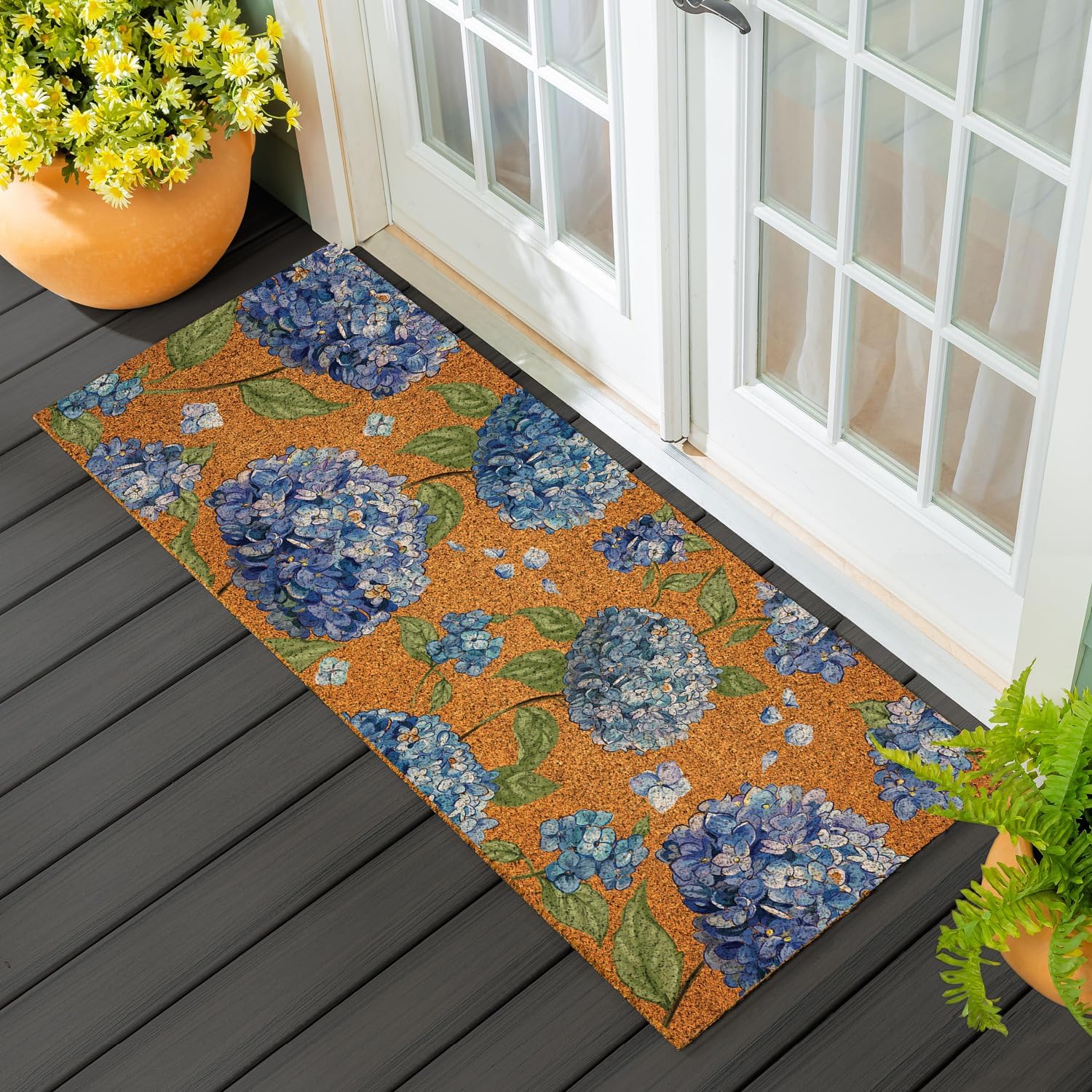 Evergreen Nature Coir Doormat, 2'x5' Large Front Door Mat for Spring Decoration, Outdoor Indoor Entrance Rug, Non-Slip Welcome Mat for Double Doors Porch Patio (Hydrangea, 24"x60")