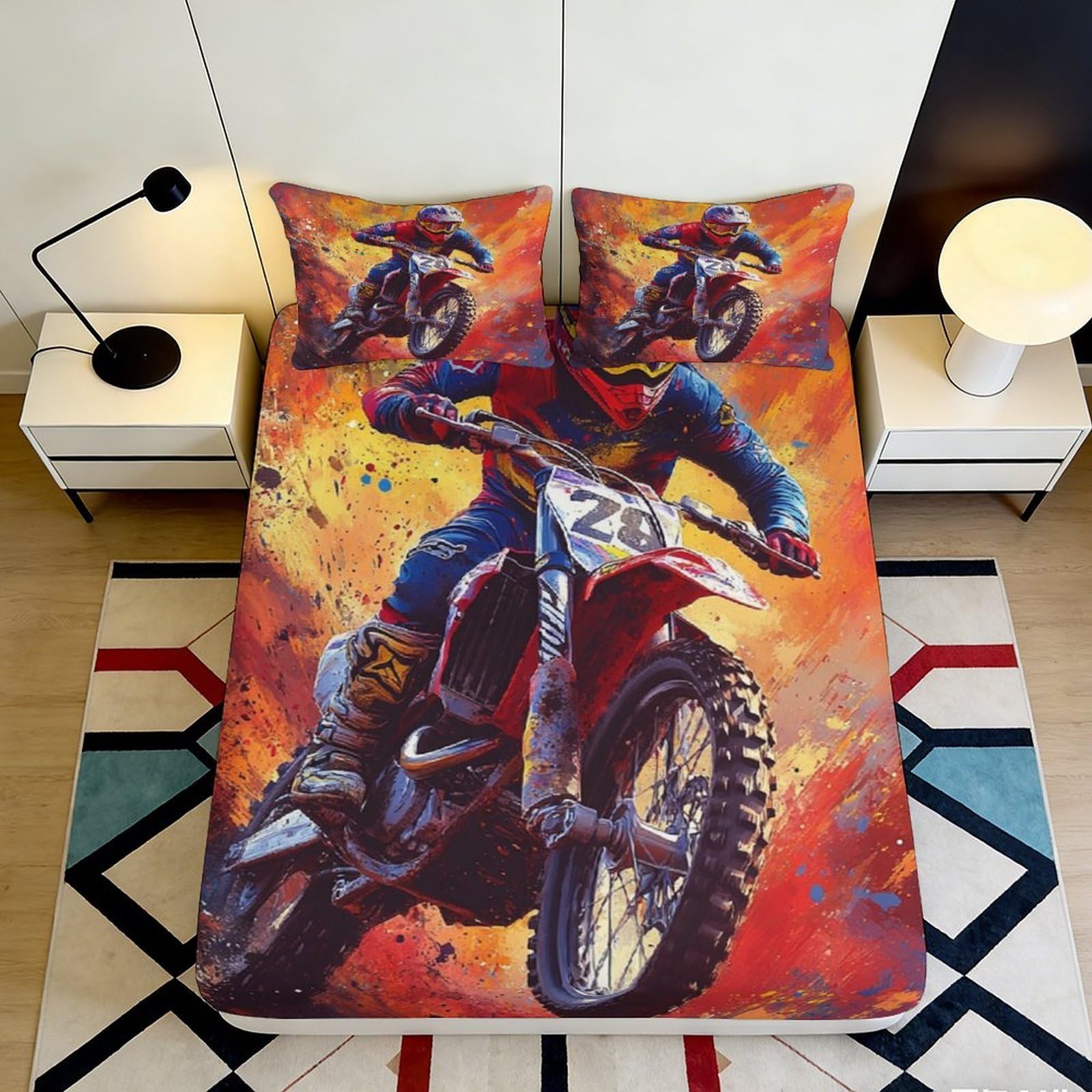 3D Printed Motocross Racing Fitted Sheet Microfiber Soft Orange Graffiti Bed Cover for Bedroom Dorm Decor 90x200x25cm