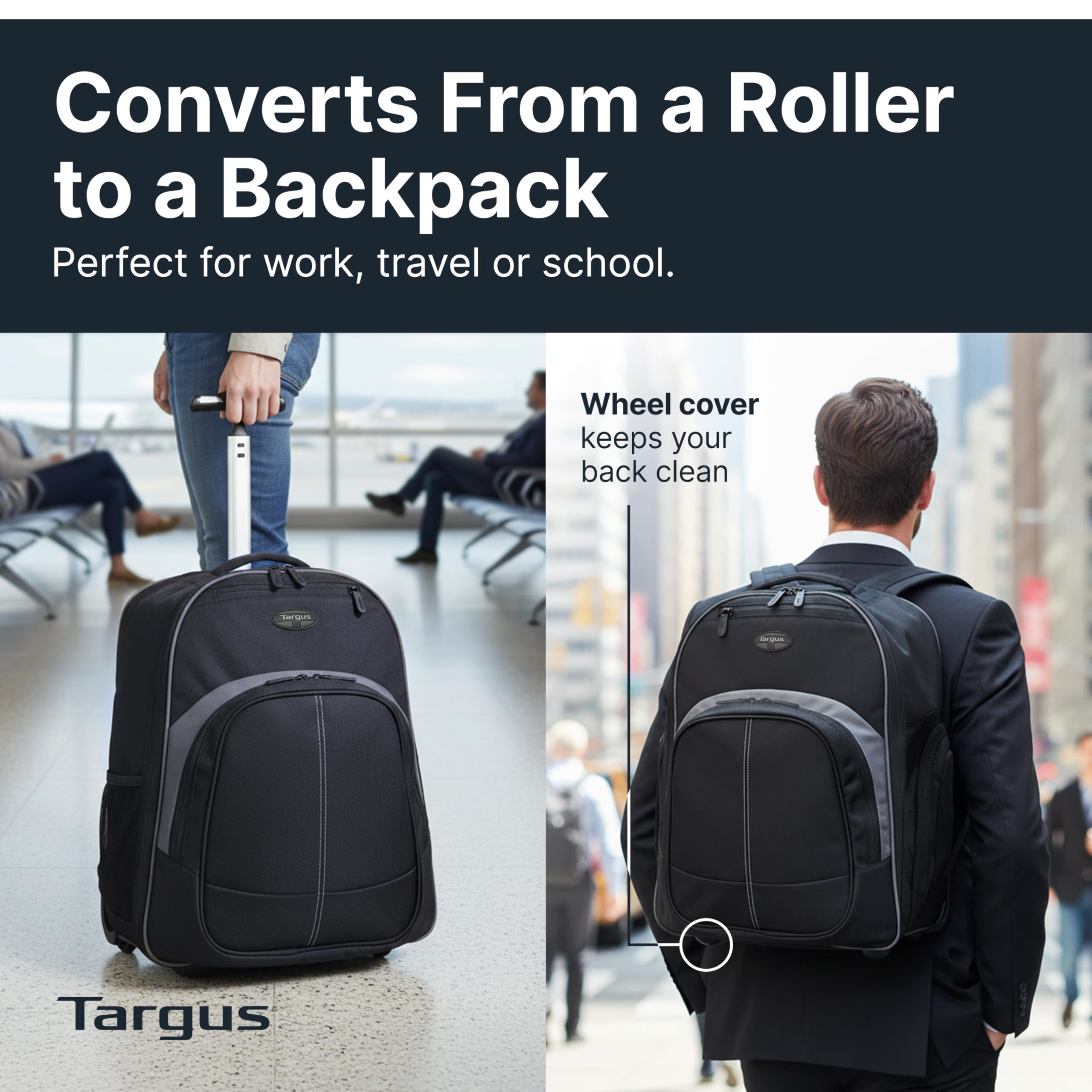 Targus Mochila compacta con Ruedas para Negocios, Estudiantes universitarios y Viajes, Material Duradero, Bolsillo para Tableta, Funda Protectora extraíble para Laptop de 16 Pulgadas, Color Negro