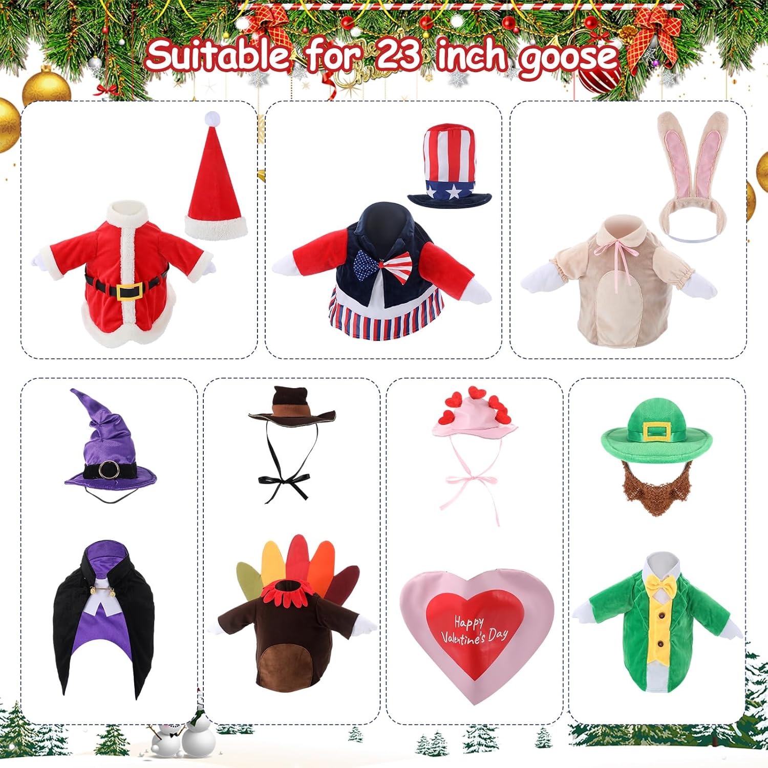 Arrowbash 7 Set Holiday Porch Goose Outfits, Valentine St. Patrick Easter 4th of July Fall Halloween Christmas 23'' Seasonal Lawn Goose Clothing for Outdoor Garden Patio Yard Porch Decor