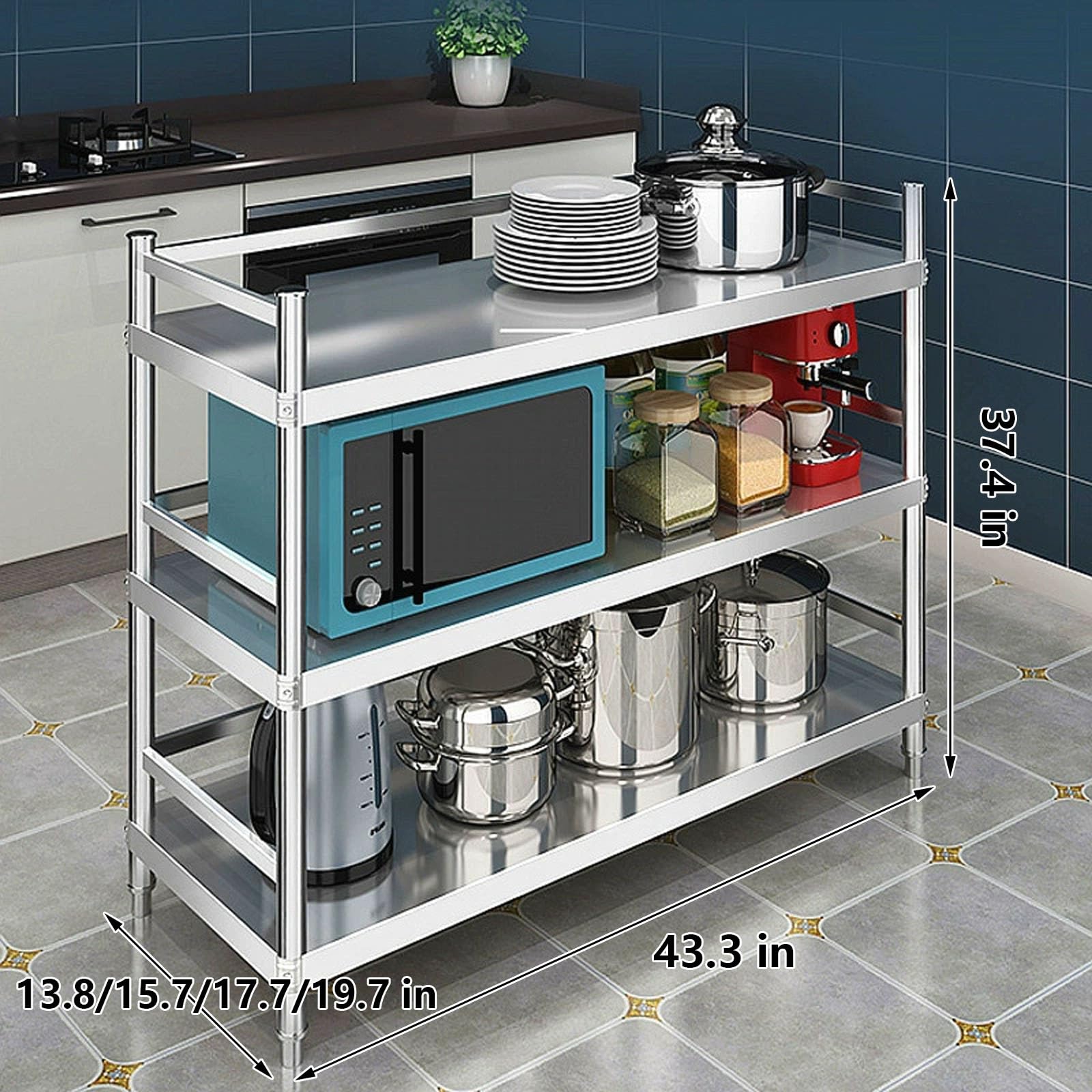 EstanteríA de Cocina EstanteríA para Microondas Muebles Auxiliar de Cocina de Niveles Estante Abierto de Pie con Valla y Almohadilla para Pies Ajustable Acero Inoxidable Plata(110 * 35 * 95)