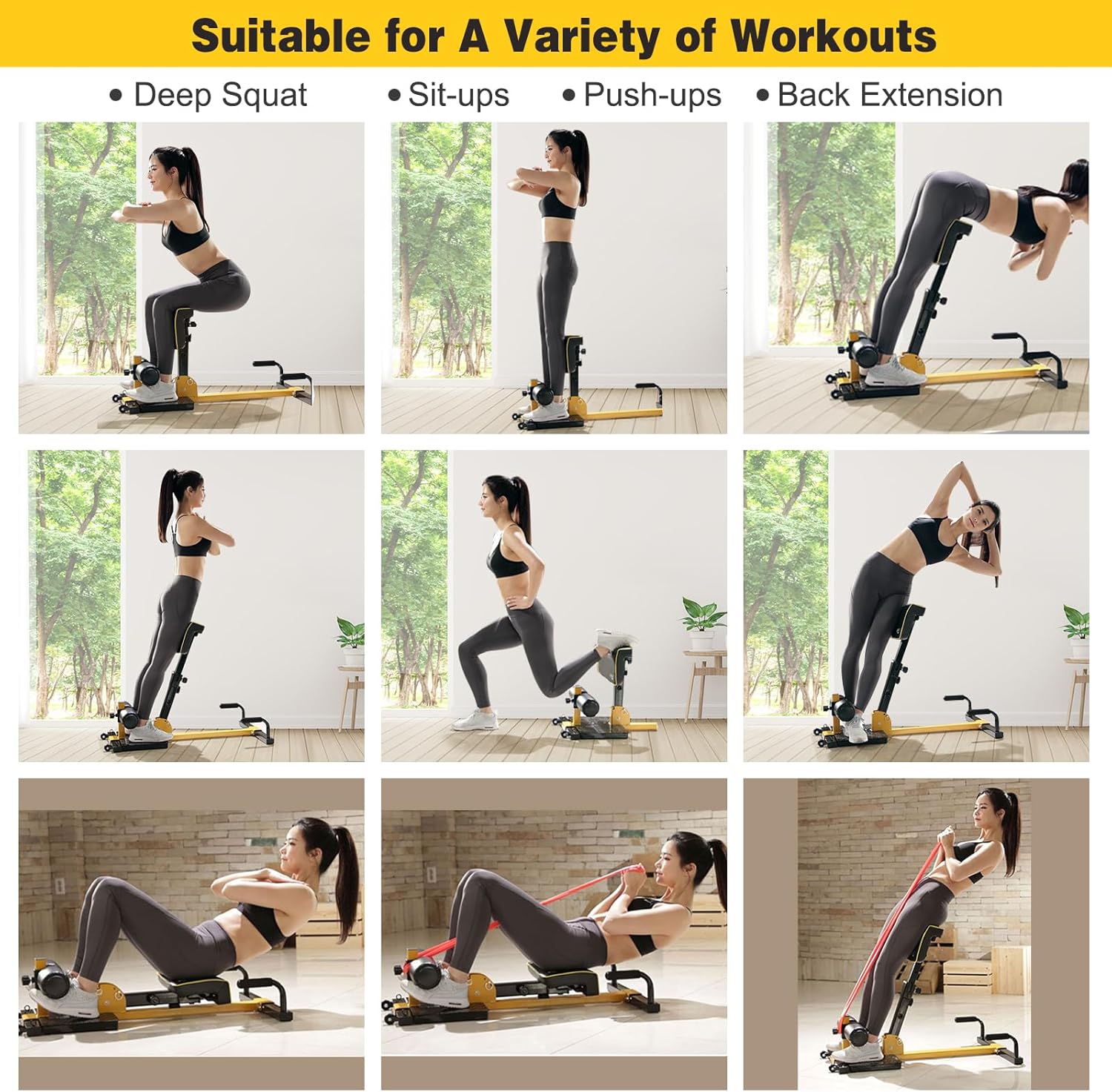 Sissy Squat Machine, 8 in 1 Adjustable Deep Squat Bench for Sit-Up, Push-Up, Elastic Band Lock for Full Body Exercise, Multi-Function Hip Thruster, Compact Glute Workout Equipment for Home Gym