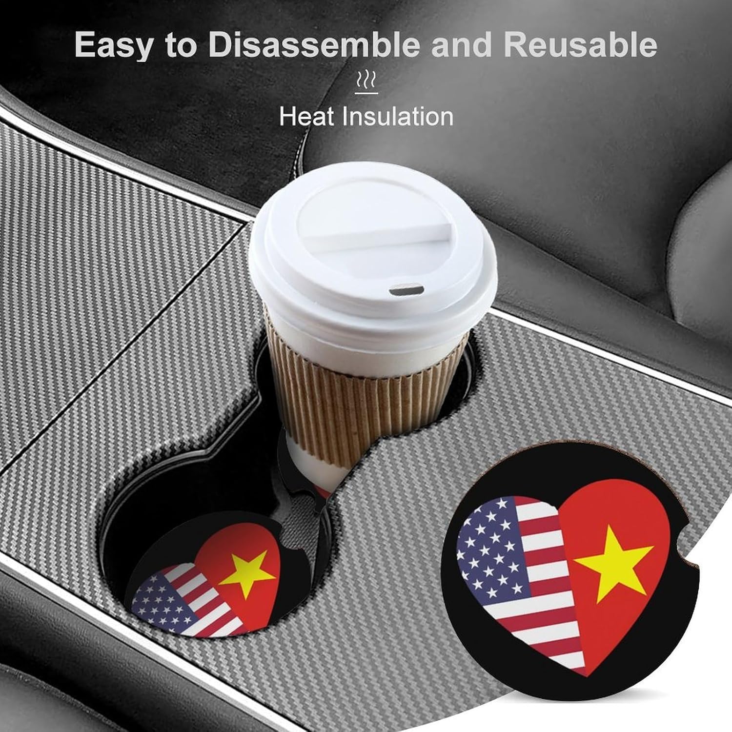 U.S.A. Vietnam Flag Heart Cute Car Coasters 2.56 Inch Absorbent Cup Holder for Drinks Auto Interior Accessories