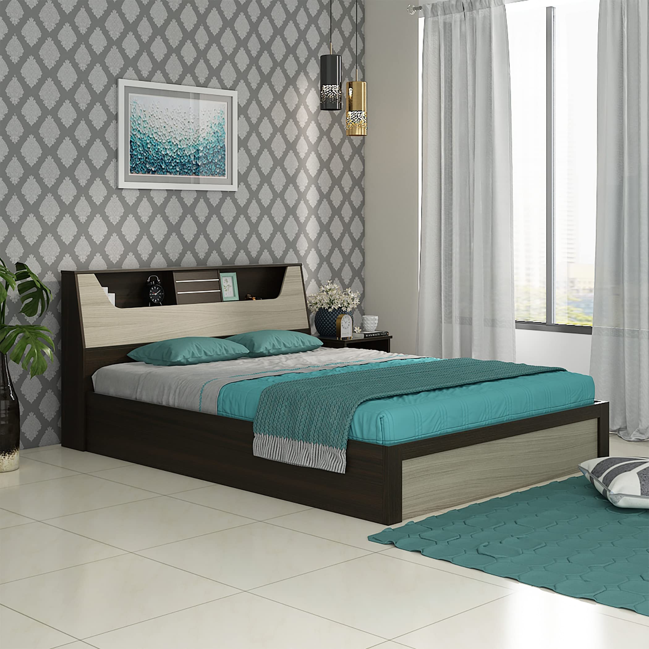 Home Centre Helios Lawrence King Bed |Engineered Wood with Box Storage King Bed| (Multicolour) |1 Year Warranty