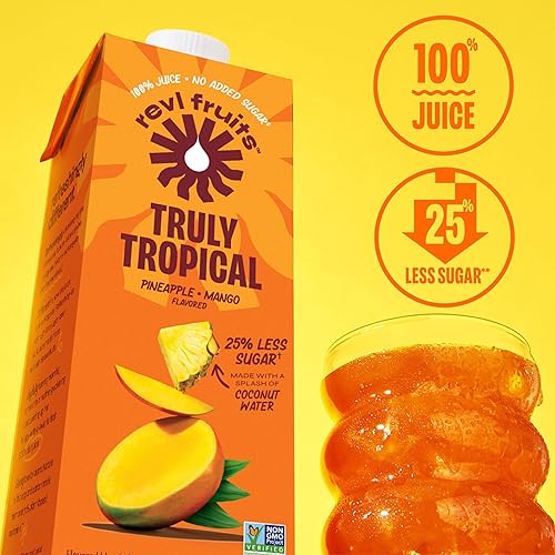 Vista 3 de Revl Fruits 100% Jugo, Sin Azúcar Añadido, Mango Piña, Truly Tropical, 32 fl oz. Cartón