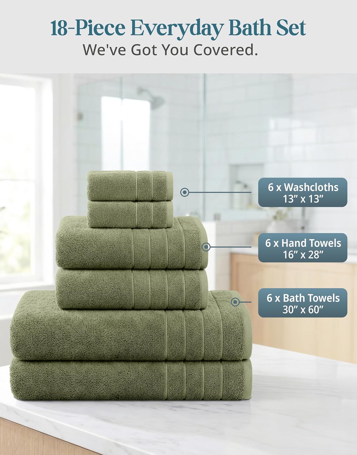 Casa Platino 100% Luxury Cotton Bath Towel Pack of 18 - Softer, High Absorbency & Durable - 6 Bath, 6 Wash Cloth, 6 Hand Towels for Bathroom - Premium Look, Spa Quality, Solid Dyed Towels - Oil Green