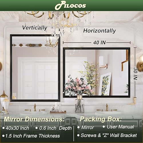 Miniatura 4 de PILOCOS Espejo con marco negro de 40 x 30 pulgadas para baño, espejos de baño negro mate para sobre el fregadero, espejo de pared grande con marco