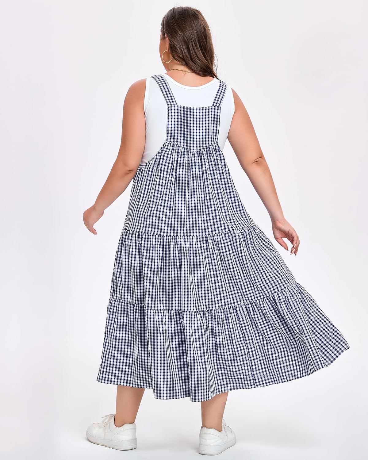 Moon Wood Women Plus Size Plaid Overall Dress with Pockets Adjustable Strap Jumper Dress Summer Casual Tiered Maxi Dress - Image 6