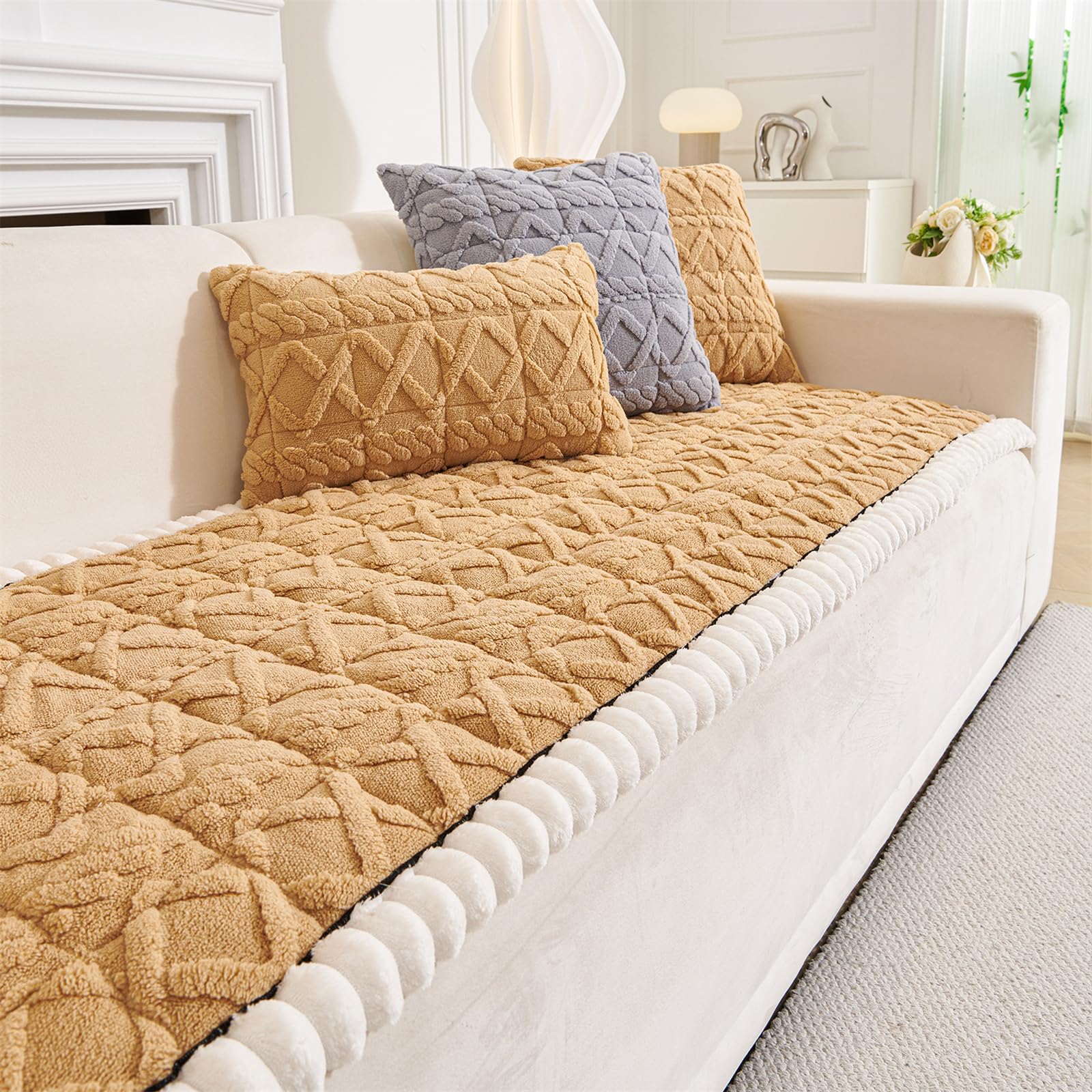 LINGKY Sofa Covers 1 2 3 4 Seater Non Slip Sofa Slipcovers Super Soft Fluffy & Cozy Jacquard Tufted Sofa Cushion Covers Pet Couch Covers Sofa Protectors from Pets/Kids/Dogs (Khaki, 70x120cm)