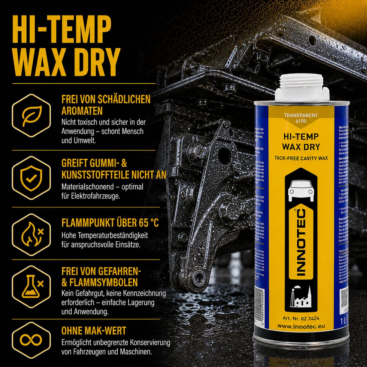 2 Stück Innotec Hi-Temp Wax Dry Transparent - Next Level Konservierung für Automotive & Industrie - Idealer Unterbodenschutz und Hohlraumkonservierung - Rostschutzmittel für Fahrzeuge - 1 Liter Dose