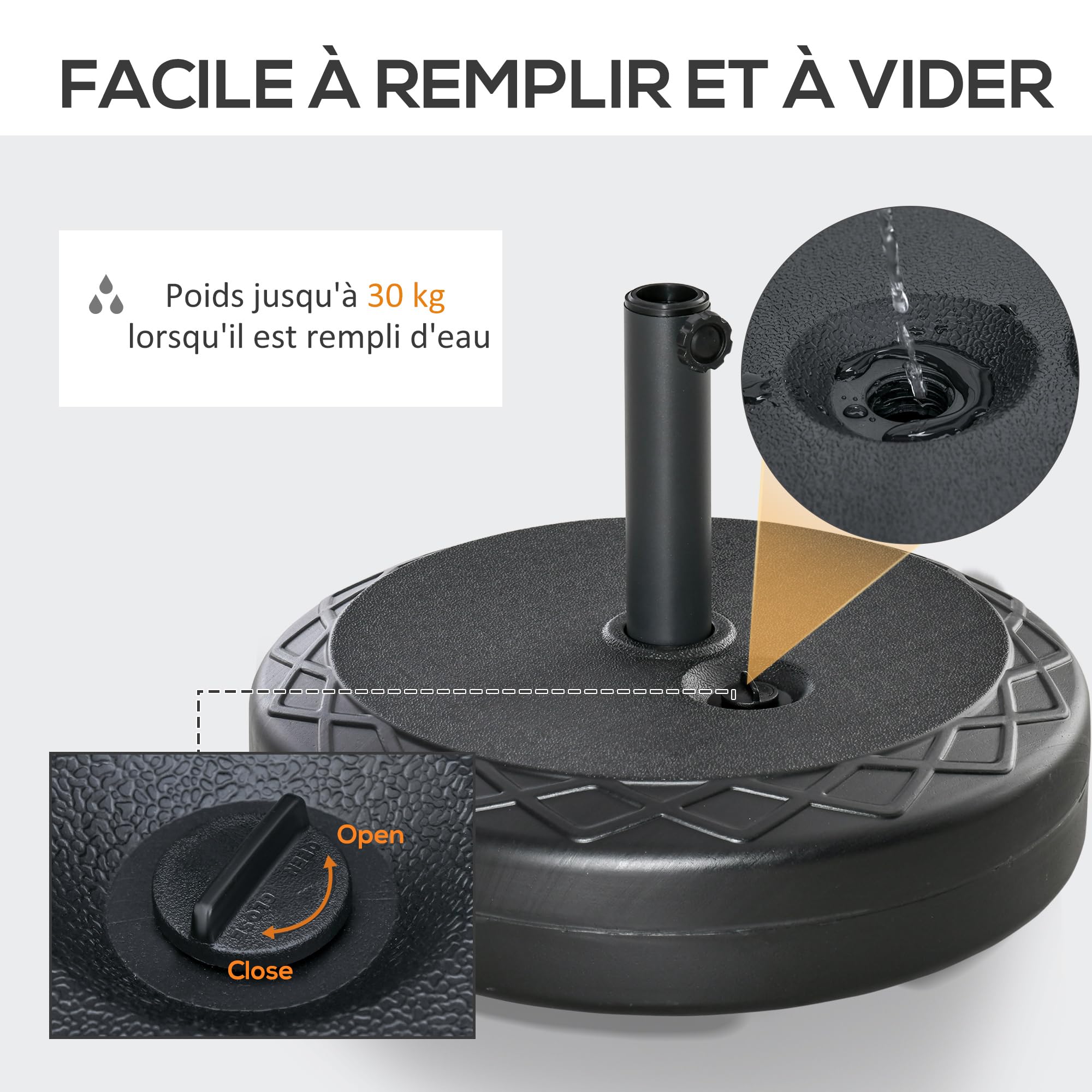 Outsunny Pied de Parasol Rond, Socle Parasol extérieur à remplir avec 30 kg d'eau / 40 kg de Sable, pour mât de Ø 38 et 48 mm, Base de Parasol pour Jardin Patio terrasse, Ø 55 x 38 cm, Noir