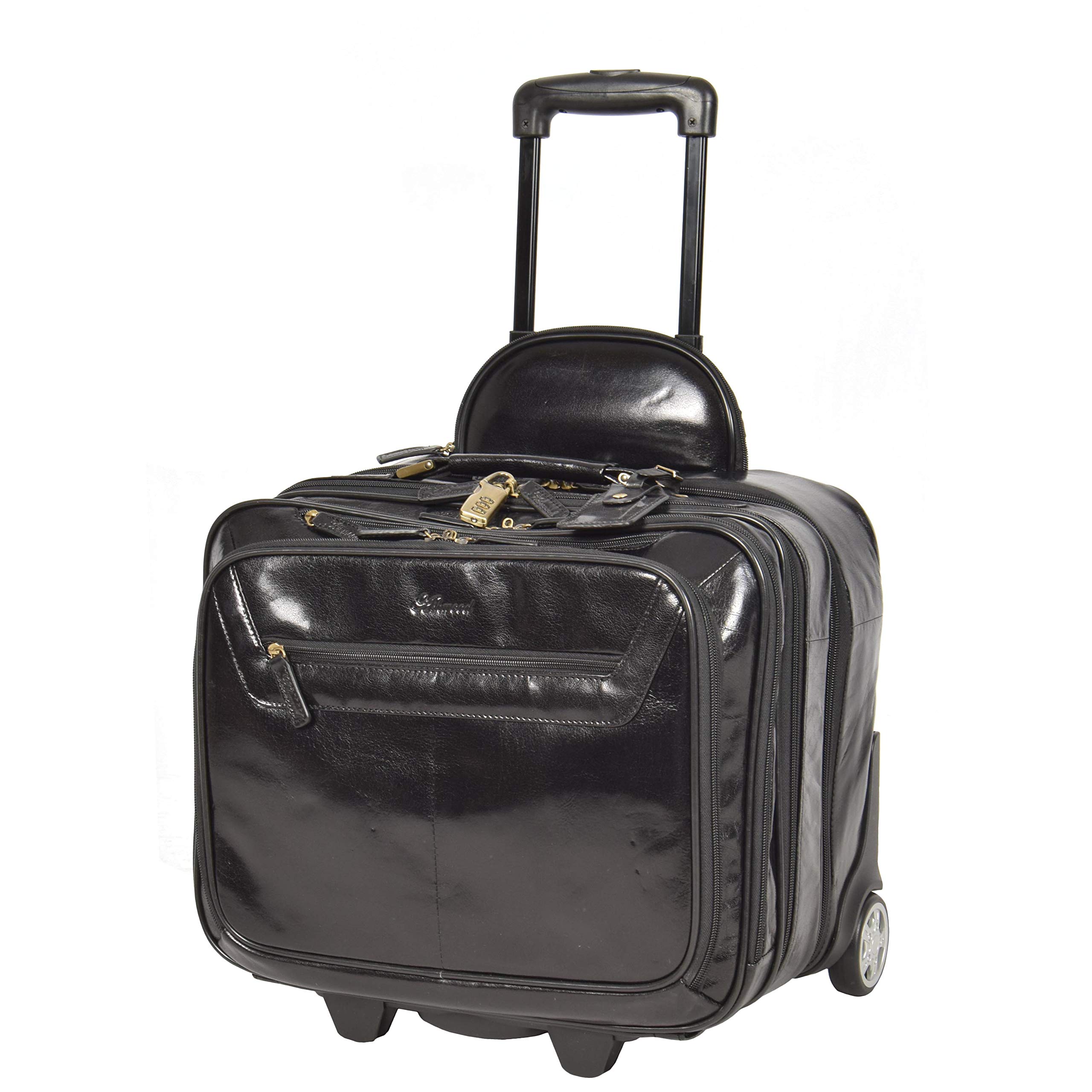 Borsa da viaggio in vera pelle con manico telescopico HOL15, Nero , L, Custodia pilota con ruote