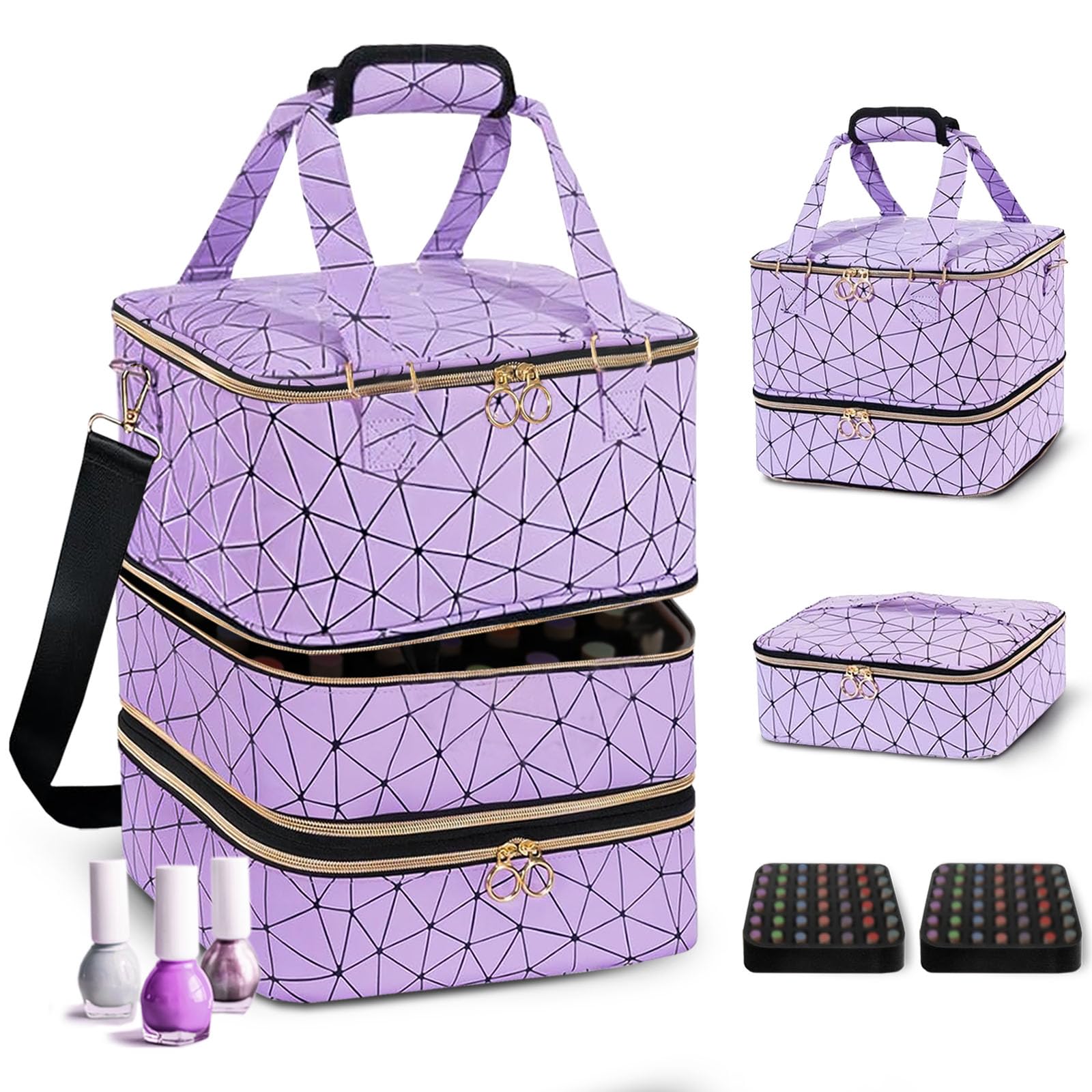 3-Layer Travel Makeup Bag,Nail Polish Organizer,Nail Tools Storage,2 in 1 Removable Polish Package,Waterproof,Adjustable Dividers Compartment,Holds 84 Bottles of 15ML Nail Polish