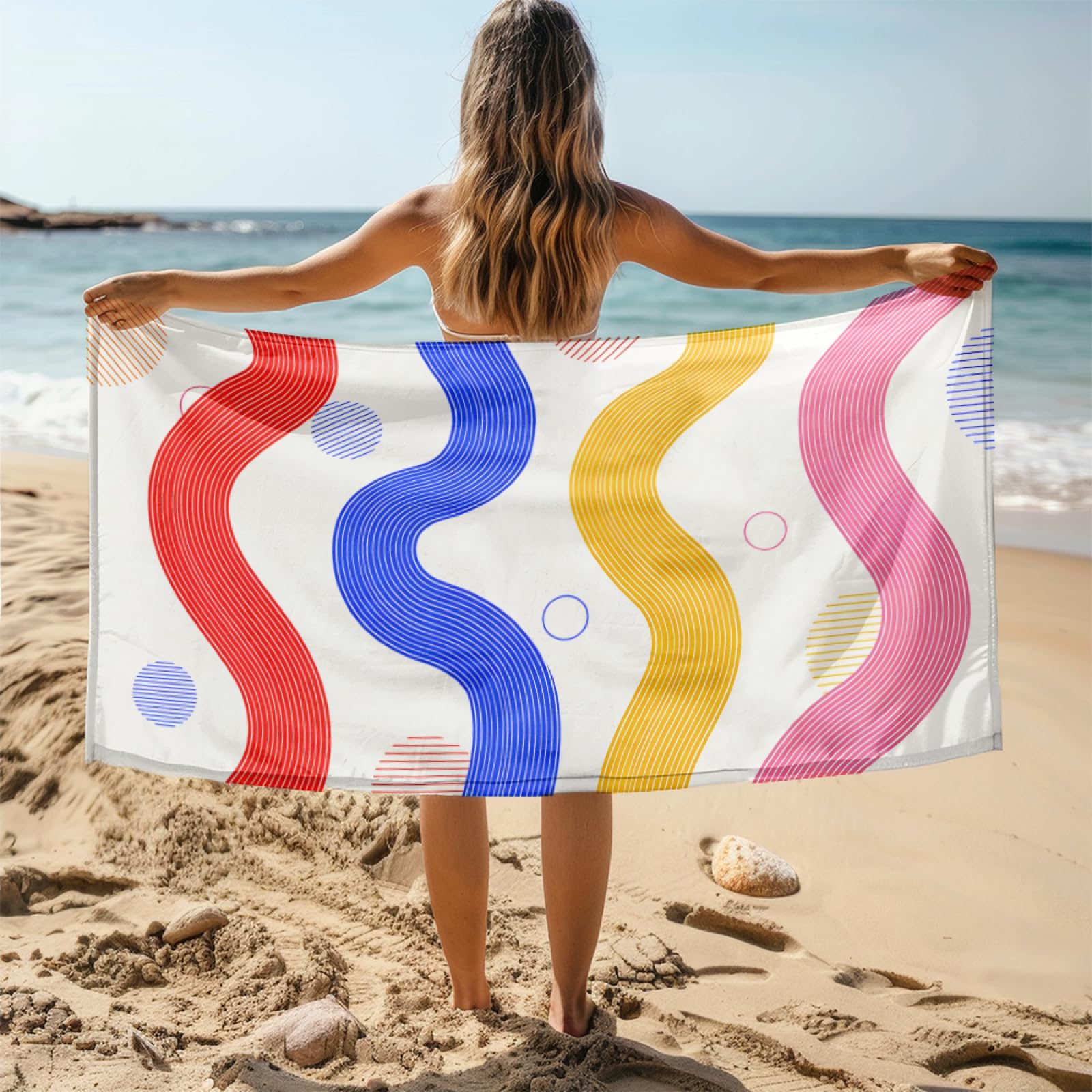 Fouta PlageLignes Bleues Rouges Jaunes Modèle Surdimensionné avec Diverses Tailles, Respirante et Portable, Parfaite pour Voyages Sorties Piscine et Usage Extérieur Quotidien 90x160 cm