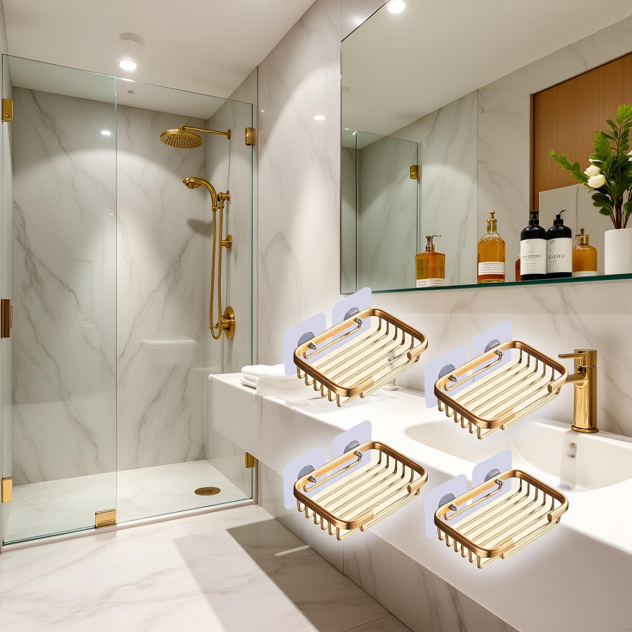4 jaboneras doradas para ducha, estante de drenaje colgante creativo, soporte autoadhesivo para jabonera, estante de almacenamiento de jabonera, sin daños, para colgar en el baño, jaboneras 9