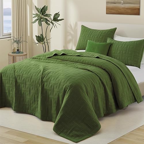 Lavsiry Juego de edredón verde oliva tamaño Queen, juego de ropa de cama ligero de verano, juego de ropa de cama fina y de microfibra suave para