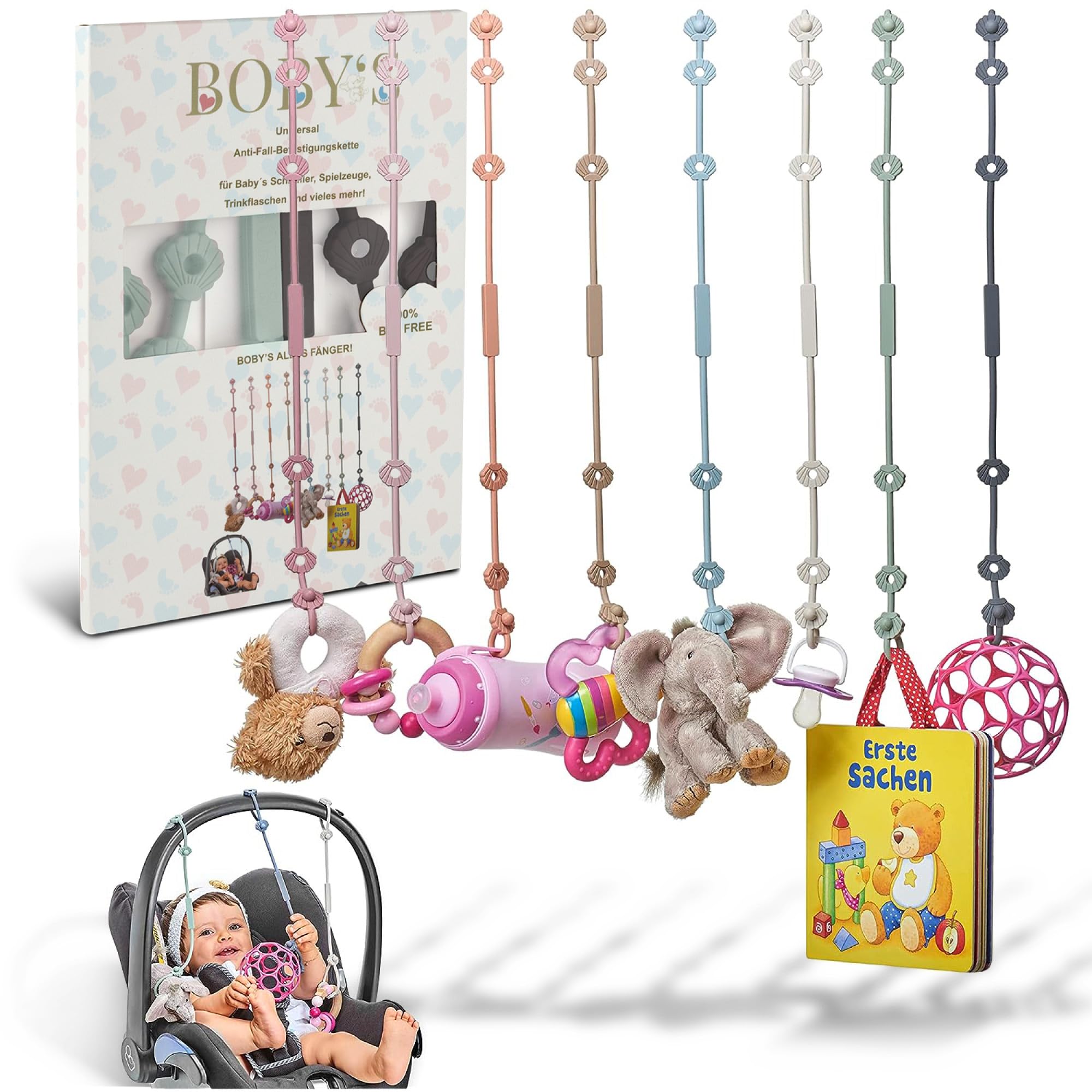 BOBY´S Cup Catcher Baby 2er Pack/BPA-freie Kinderwagen Spielzeug Kette/dehnbarer Baby Cup Holder Strap/Schnullerkette für Babys Gadgets wie Trinkbecher oder Beißring als Kinderwagen Zubehör