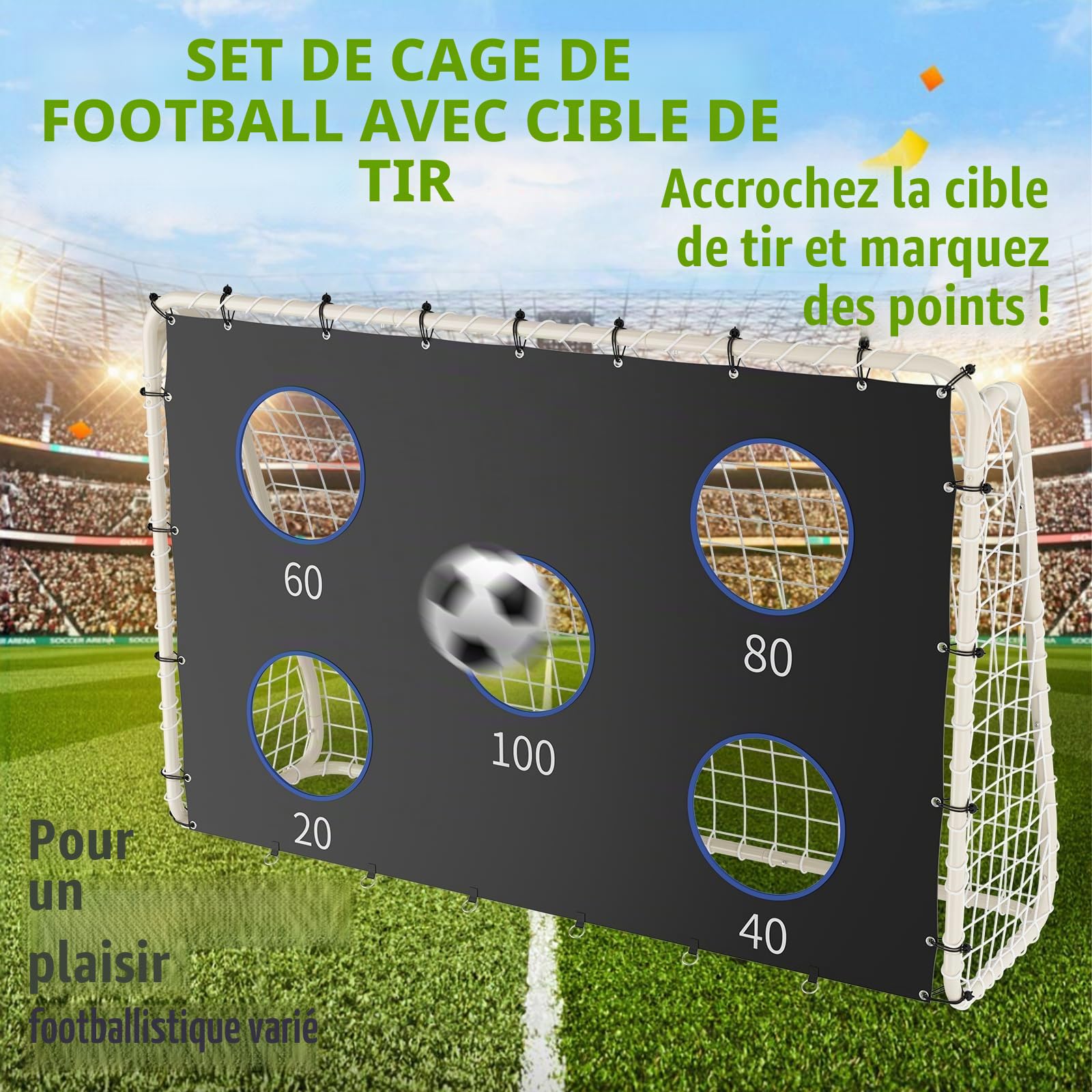 But de football 240 cm x 170 cm avec mur de tir, filet et piquets pour enfant