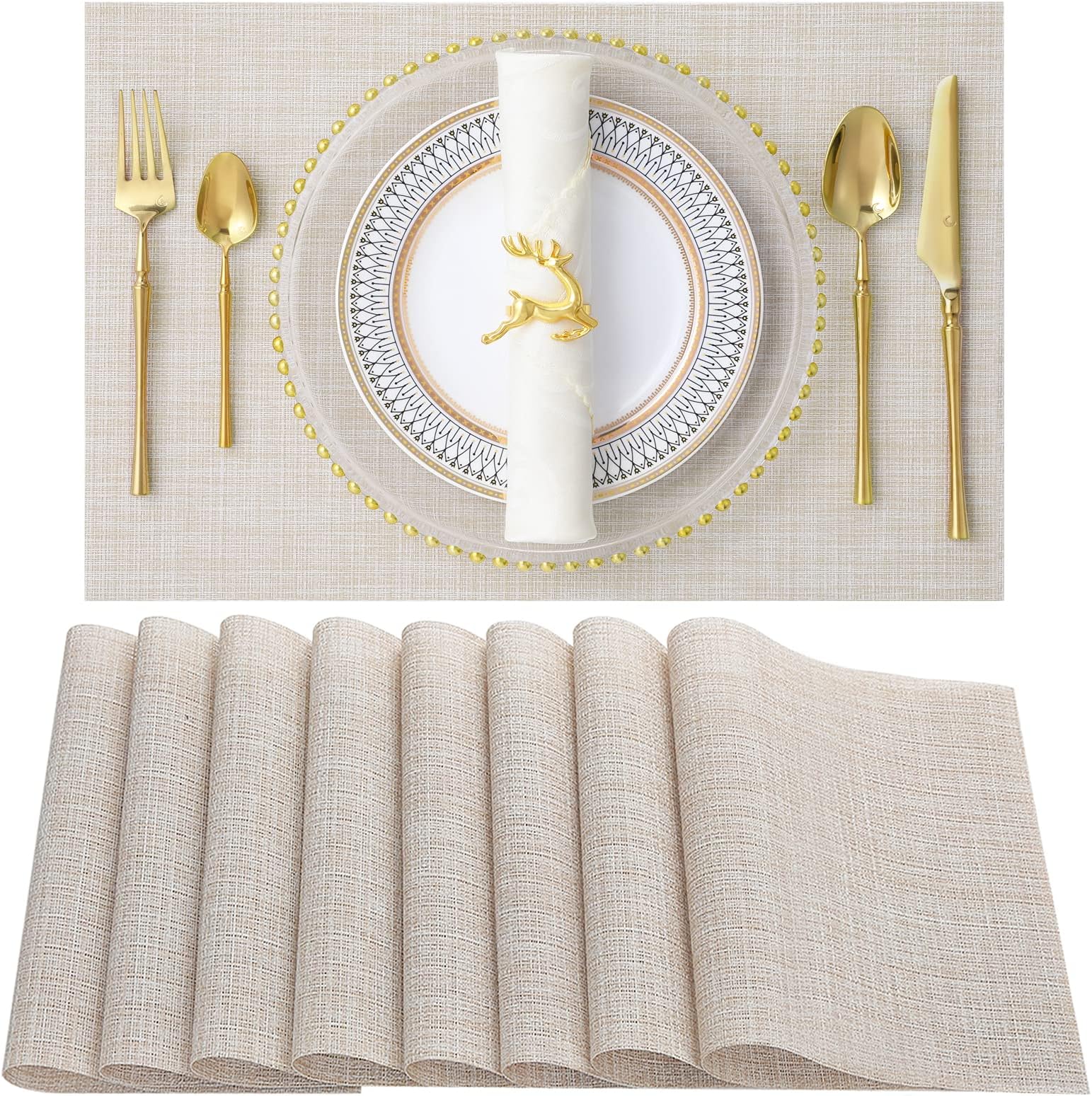 SENDAY Placemats - Set of 8 Heat-Resistant, Stain Resistant, Anti-Skid Kitchen Table Mats - Washable, Durable PVC Woven Vinyl Placemats - Beige White
