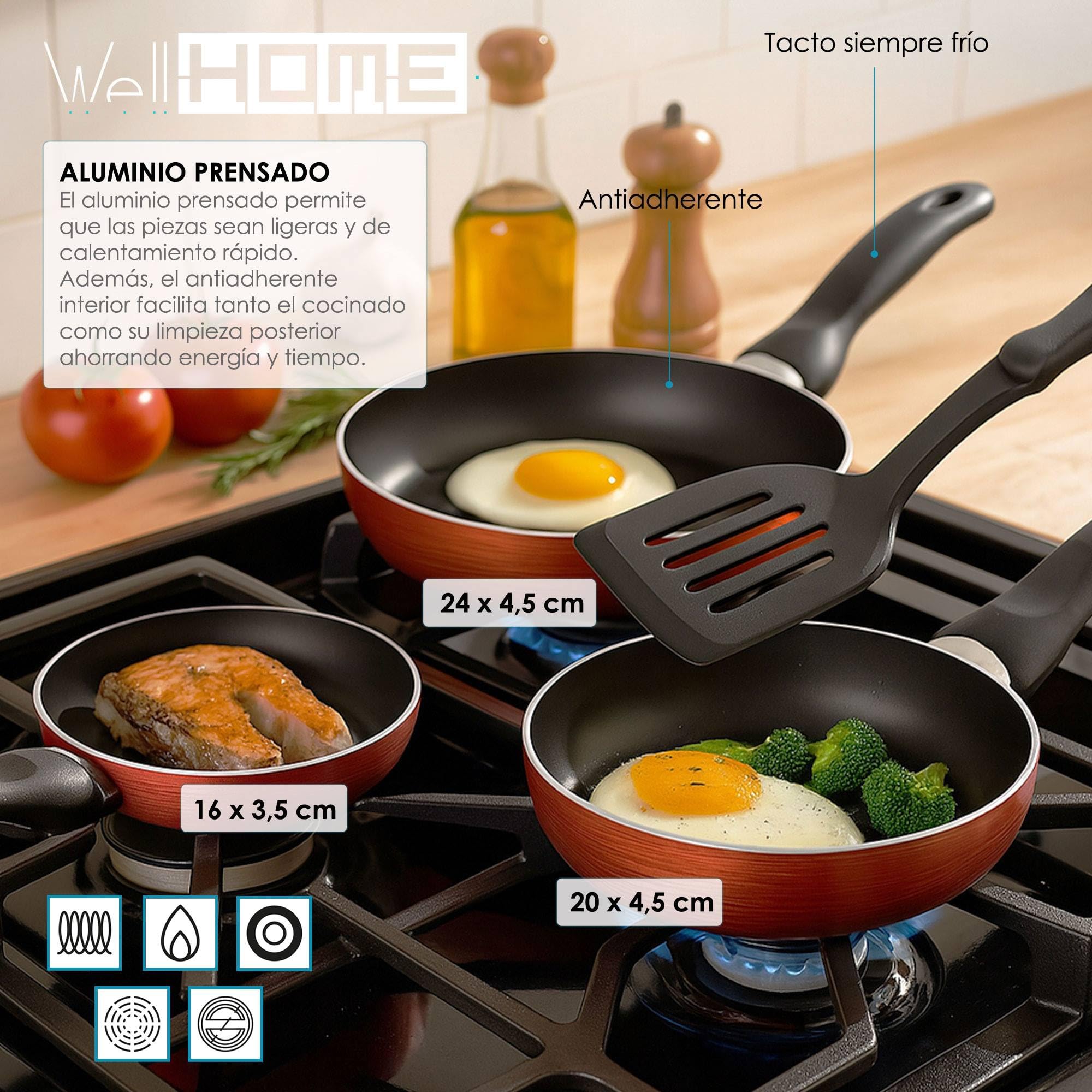 Well Home Pack Batería de cocina 5 Piezas en acero inoxidable + Sartenes Ø16Ø20Ø24Ø28cm Aluminio prensado Cobre metalizado