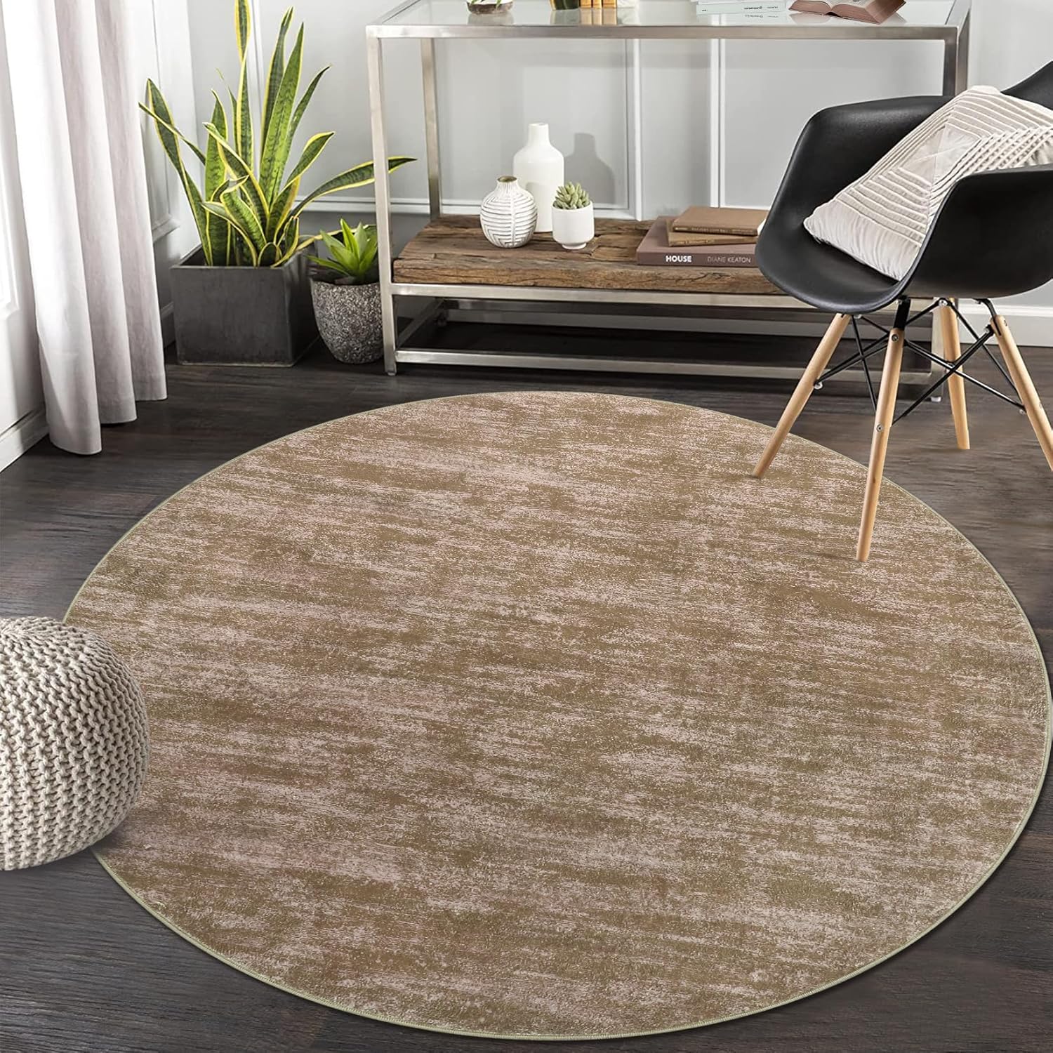 Zacoo Washable Area Rug 3x3 Round Rug, Brown, Solid Design, NonShedding & Easy Care