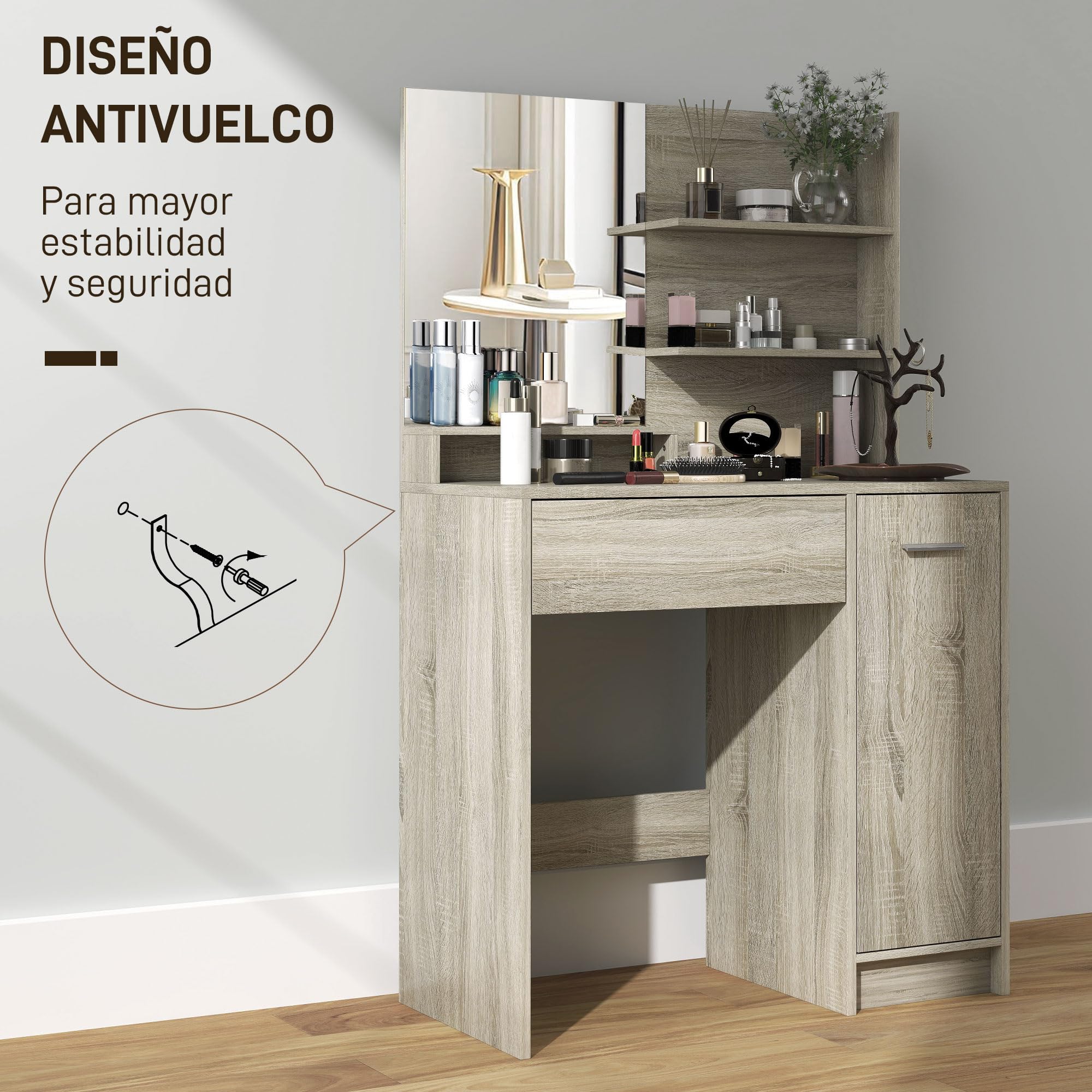 HOMCOM Tocador de Maquillaje con Taburete, Tocador con Espejo, Estantes Abiertos, Cajón y Estante Ajustable, Anti-vuelco, para Dormitorio, Salón y Vestidor, Natural