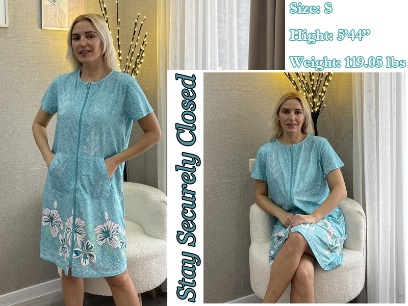 Image of Ekouaer Women Robes Lightweight House Coat Short Sleeve Floral Print Mumu House Dresses with Pockets Zipper Nightgowns