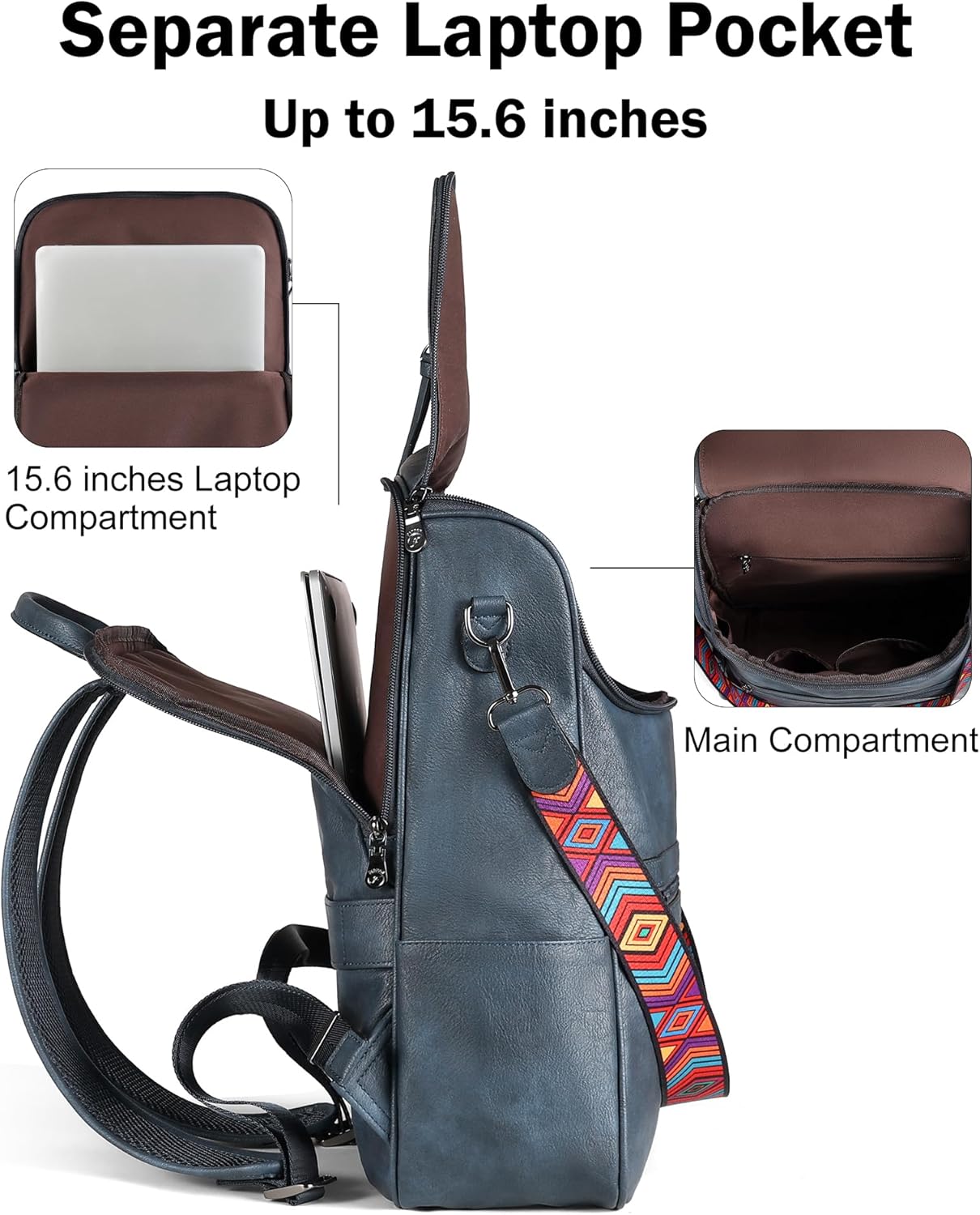 FADEON Laptop Backpack for Women Leather Travel Backpack with Laptop Compartment, Designer PU Shoulder Laptop Bag Purple