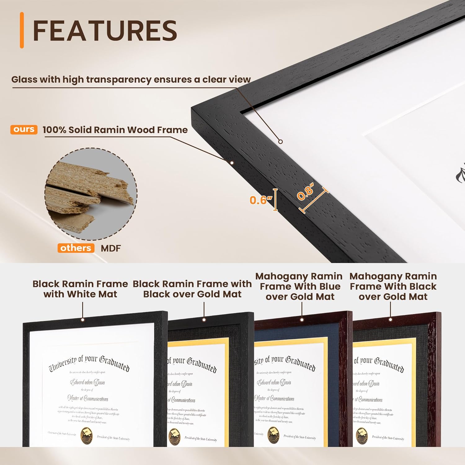 Fun Memories 11x14 Diploma Frame, Solid Ramin Wood Certificate Picture Frame with High Definition Glass, Document Frame for Wall and Tabletop, White Mat