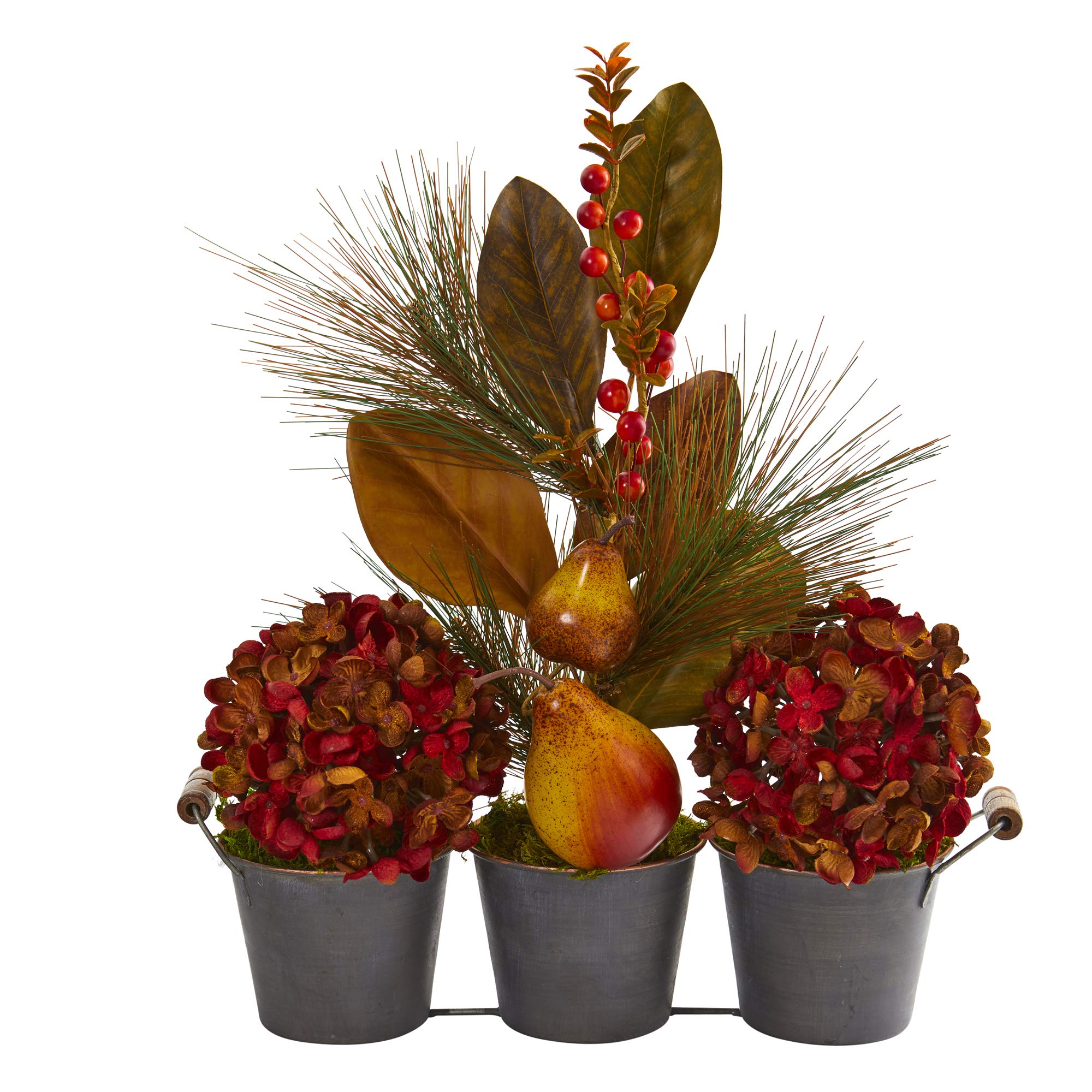 Vases d'hortensias artificiels et magnolia rouge pour salon chic