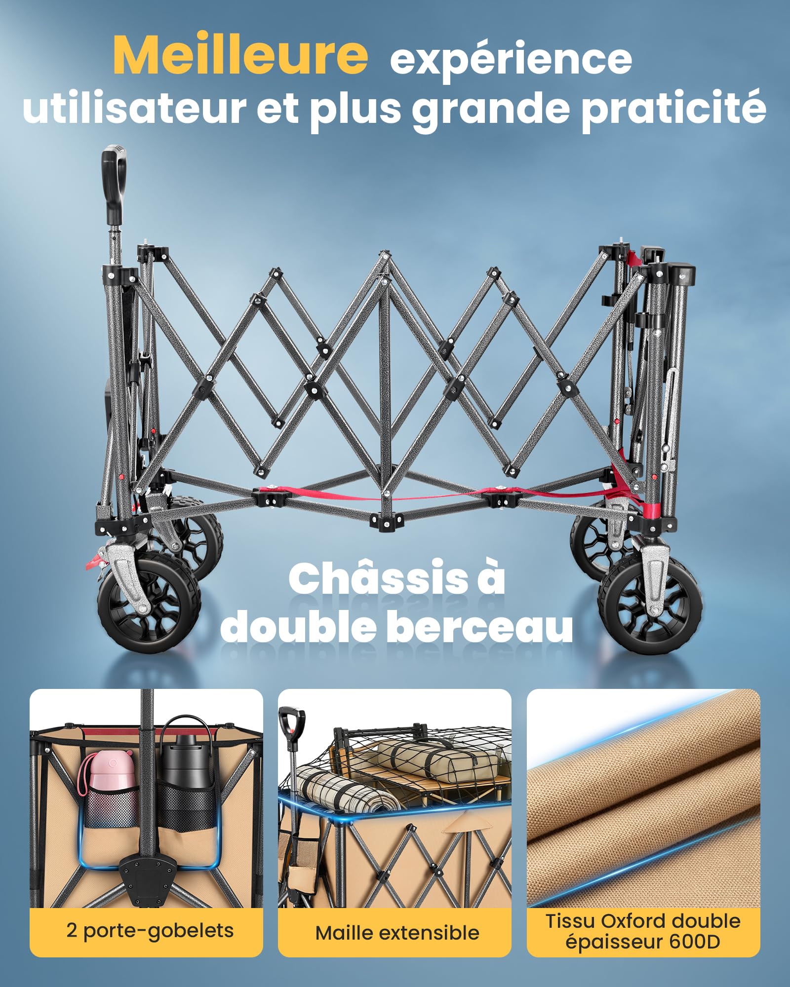 YEAUPE PRO Chariot Pliable 220L 200KG, Roues Larges Tout-Terrain, Kaki | Porte Arrière Rabattable pour Objets Longs, Chariot de Plage Léger 10.5KG pour Jardin, Camping, Courses & Événements Sportifs