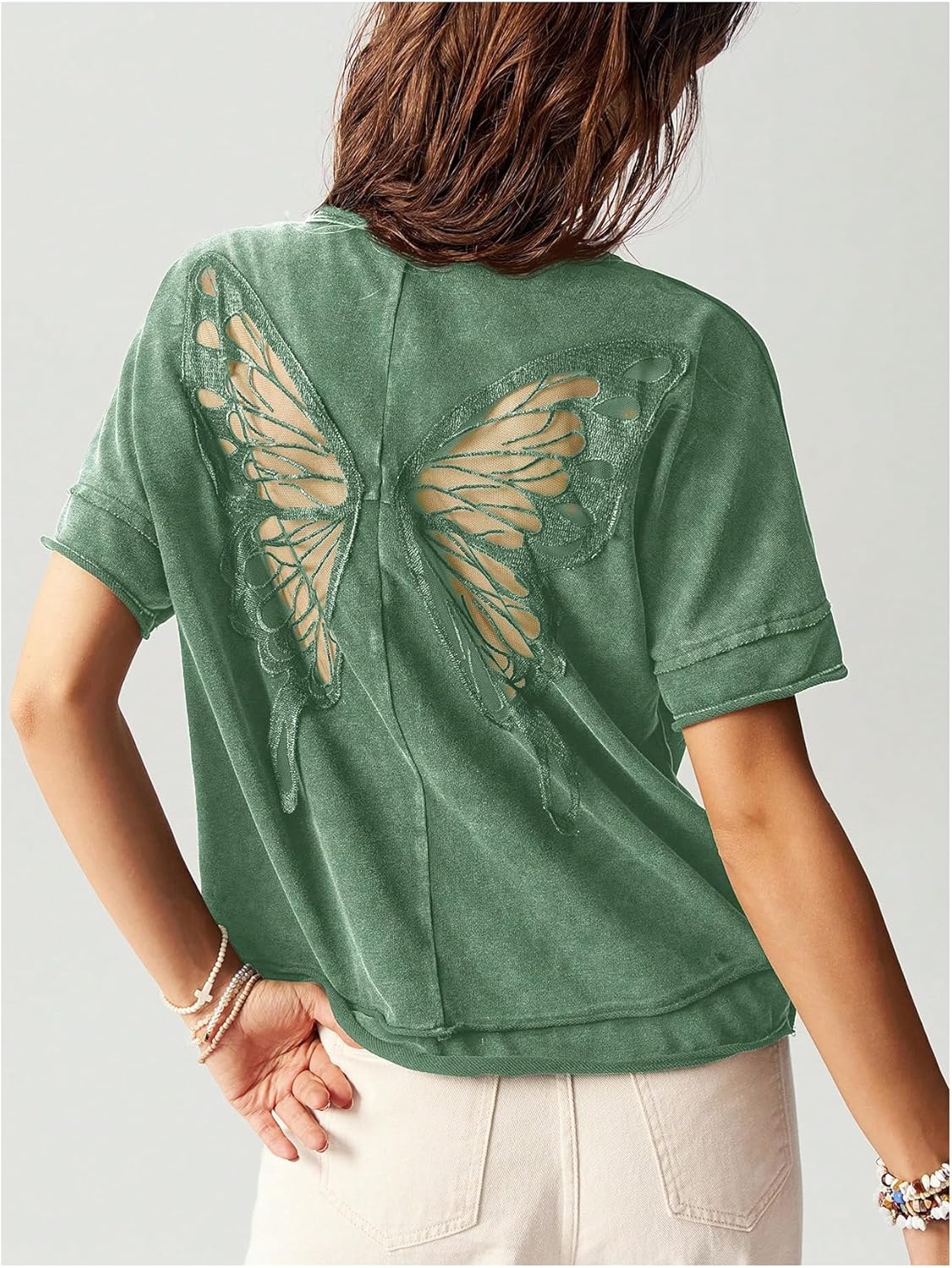Milumia Women's Butterfly Cut Out Back T-Shirt Short Sleeve Vintage Loose Tee Tops Streetwear - Image 5