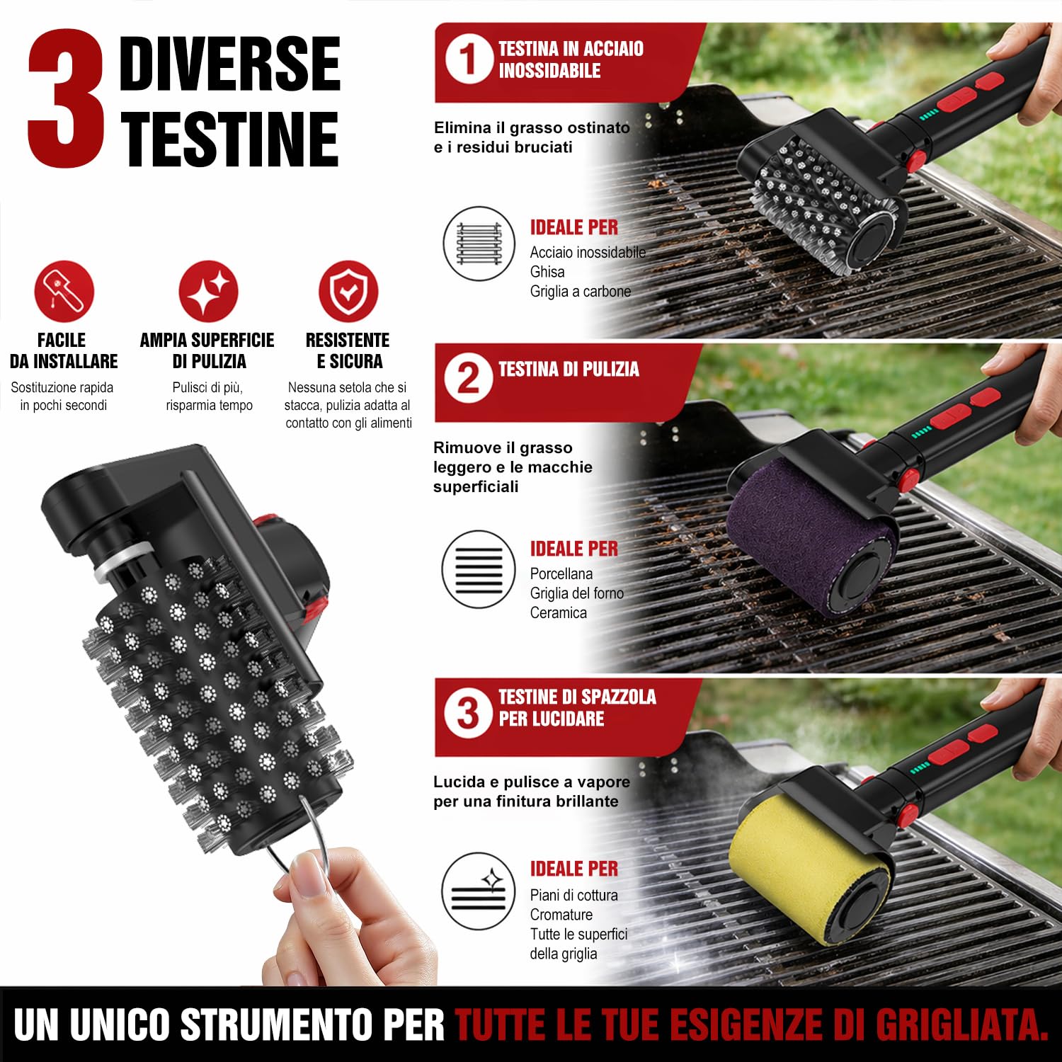 Spazzola elettrica per barbecue, pulitore ricaricabile USB 3 velocità, 3 testine, autonomia 150 minuti, impermeabile, resistente al calore, spazzola rotante senza fili