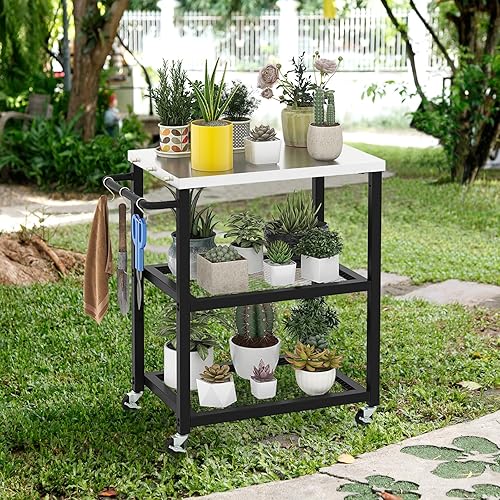 Miniatura 8 de Giantex Carrito de parrilla para exteriores, soporte para horno de pizza móvil con parte superior de acero inoxidable, 2 estantes de almacenamiento,
