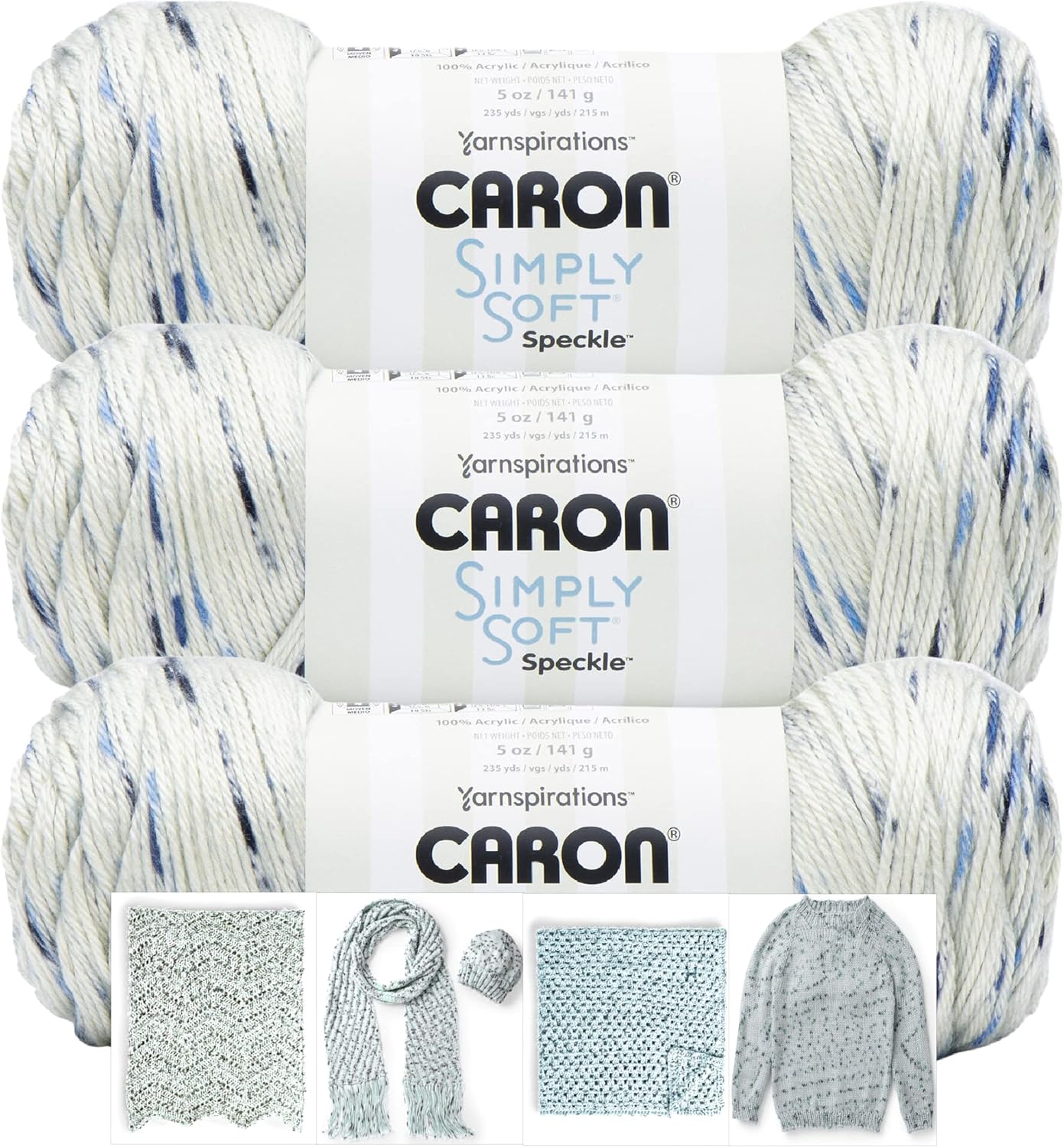 Caron Simple Soft Speckle Yarn - 3 Pack with Pattern Cards in Color (Gingham)