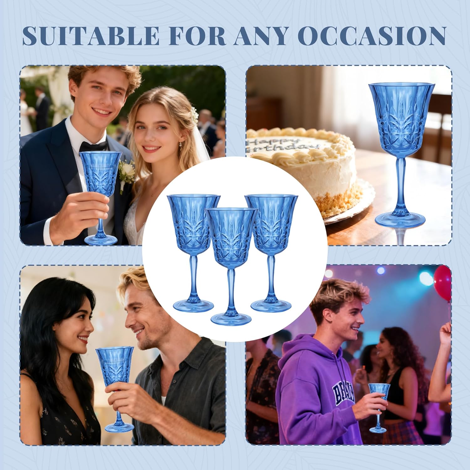 Plastic Wine Glasses 10oz Vintage Goblets Unbreakable Reusable BPA-Free Stemmed Drinking Glasses for Parties, Weddings & Events Leaf-Patterned (Set of 12, Blue) - Image 6