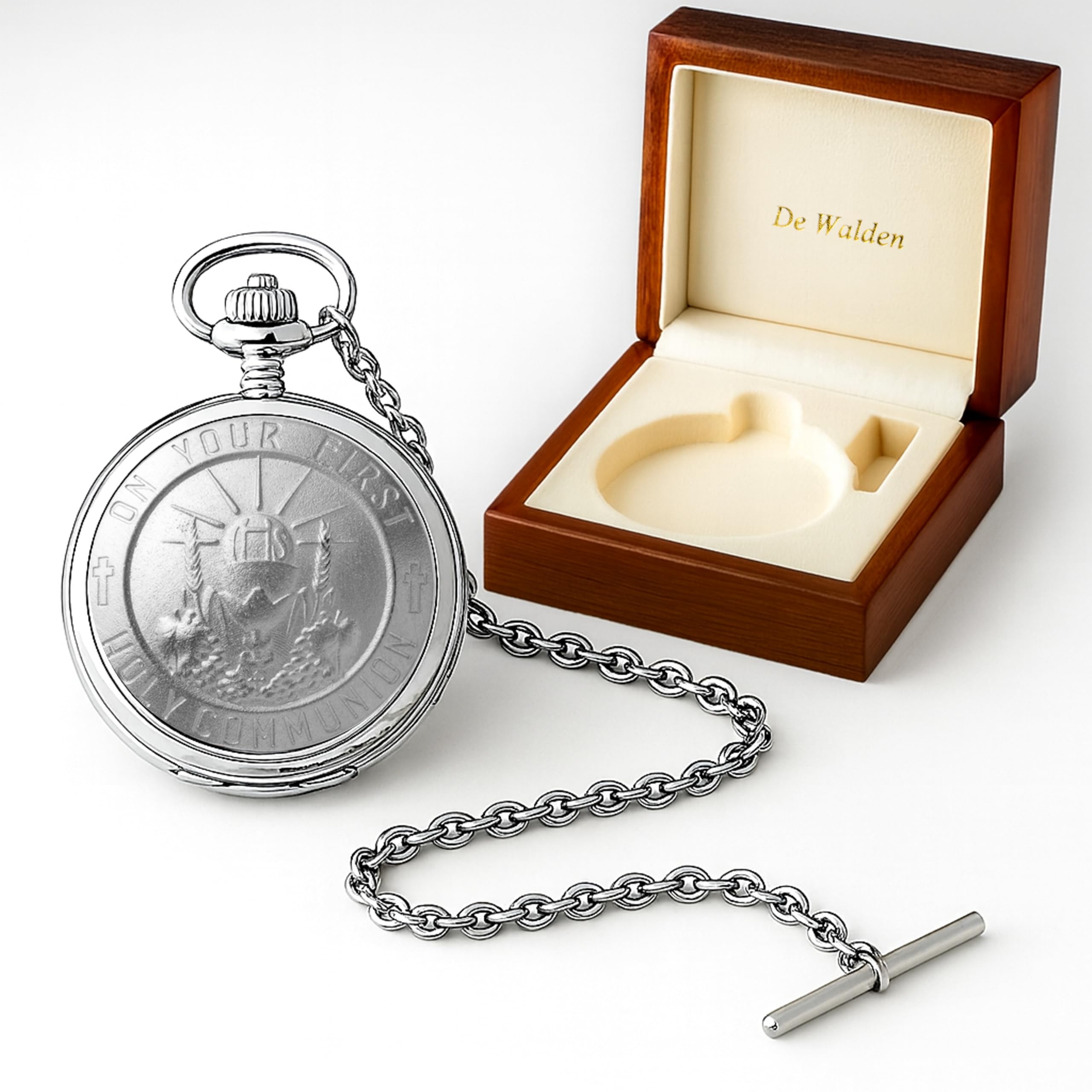 De Walden Boys Silver 'S 1St Holy Communion Gift, Engraved First Communion Pocket Watch For A In Wooden Box