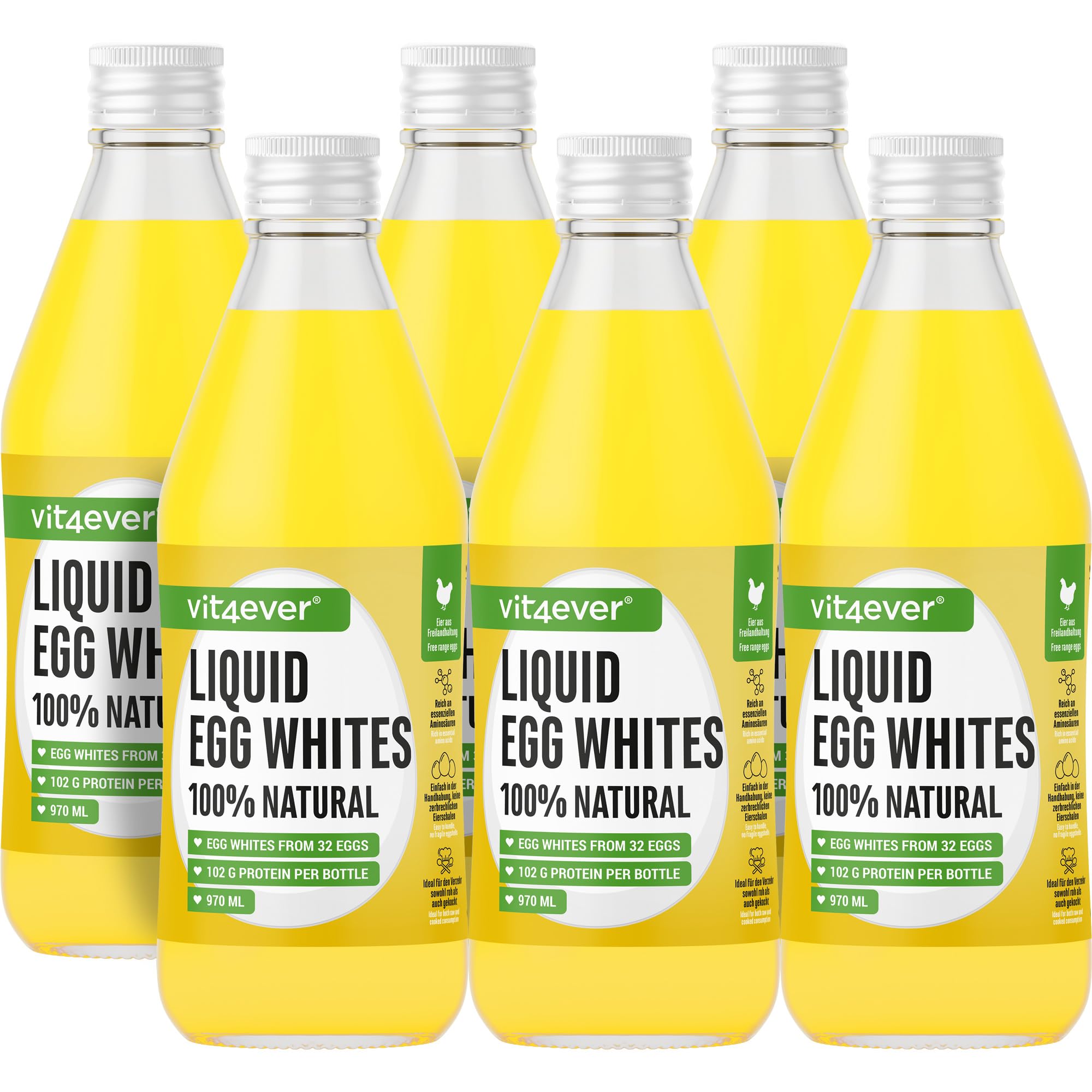 Vit4ever 100% Flüssiges eiweiß (6x 970ml), Eiklar-flüssig aus Freilandhaltung, hochwertiges Hühnereiweiß für eine eiweißreiche Ernährung