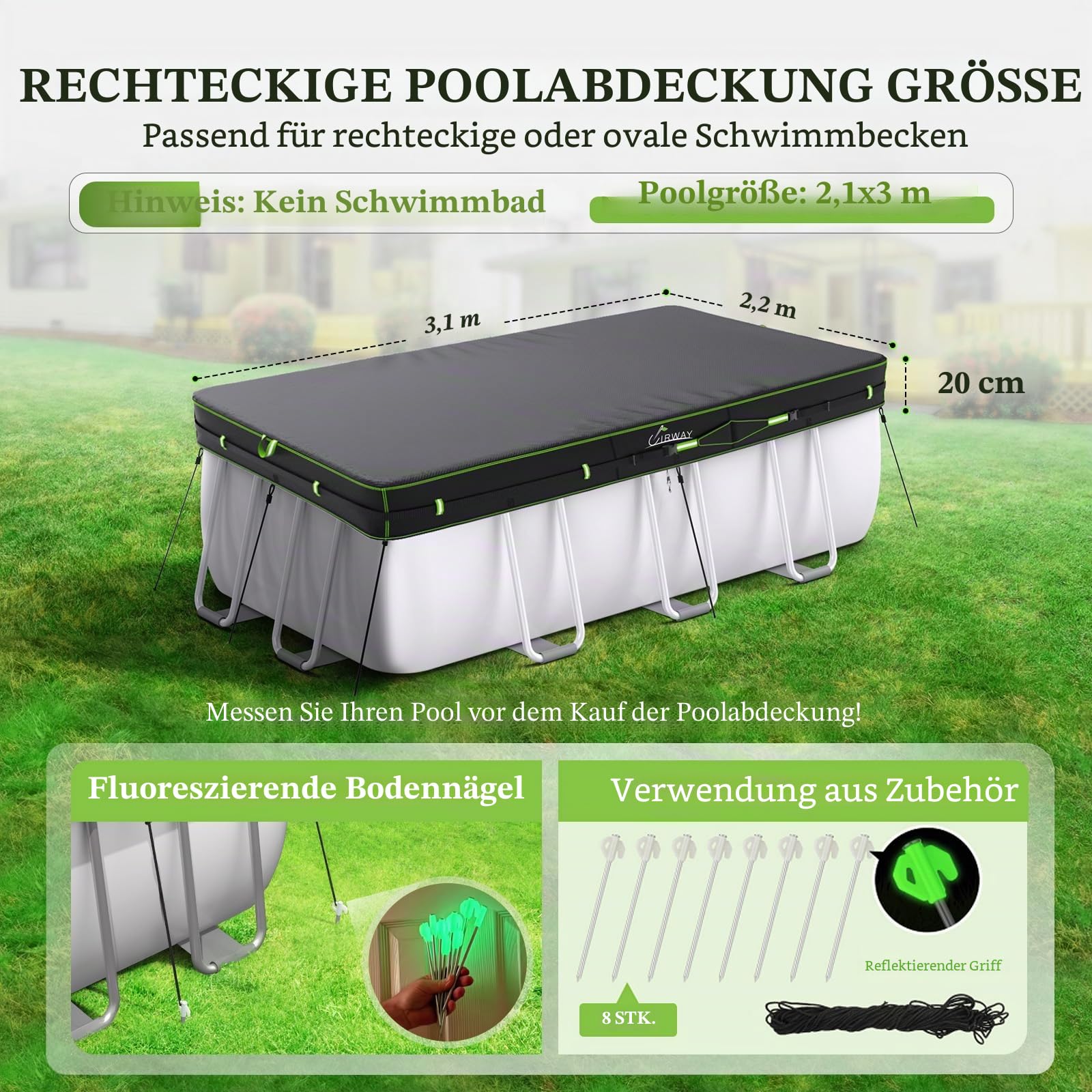 UIRWAY 214 x 305 cm Poolabdeckung Rechteckig, 420D Winterabdeckung für oberirdische Pools, UV-beständige Poolplane mit Kordelzug und Bodenankern, stabile Befestigung und einfache Montage